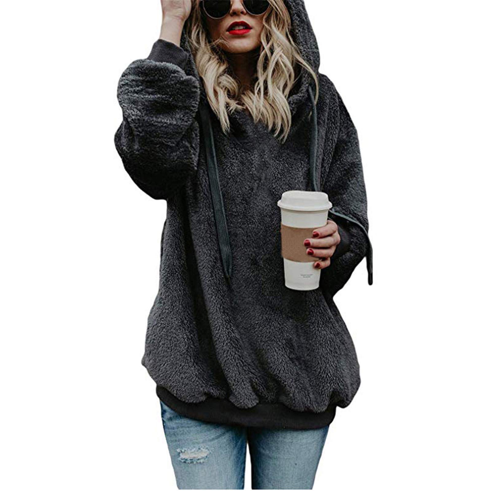 **SALIFUN Women's Oversized Sherpa Pullover Hoodie - Winter Warm Fuzzy Fleece Hooded Sweatshirt with Front Pocket - Cozy Loungewear for Home, Travel & Outdoor Activities**