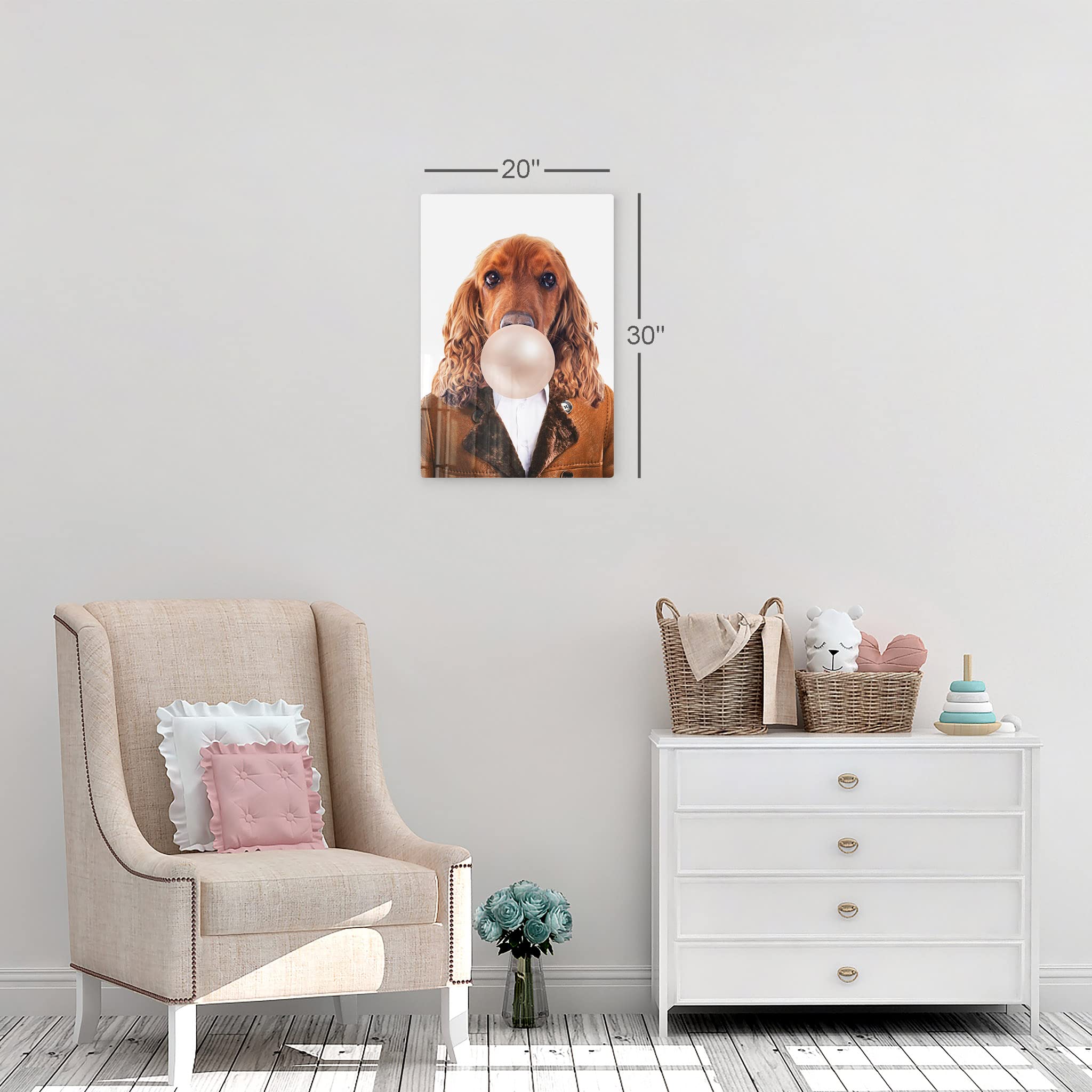 English Cocker Spaniel Dog Portrait Wall Art - Metal Print of Cute Dog Wearing Coat & Chewing Bubble Gum - Unique Pet Lover Gift, Pop Animal Art for Office, Living Room, Bedroom or Nursery Decor - 40x30 Inches - Perfect for Dog Owners & Home Interior Design