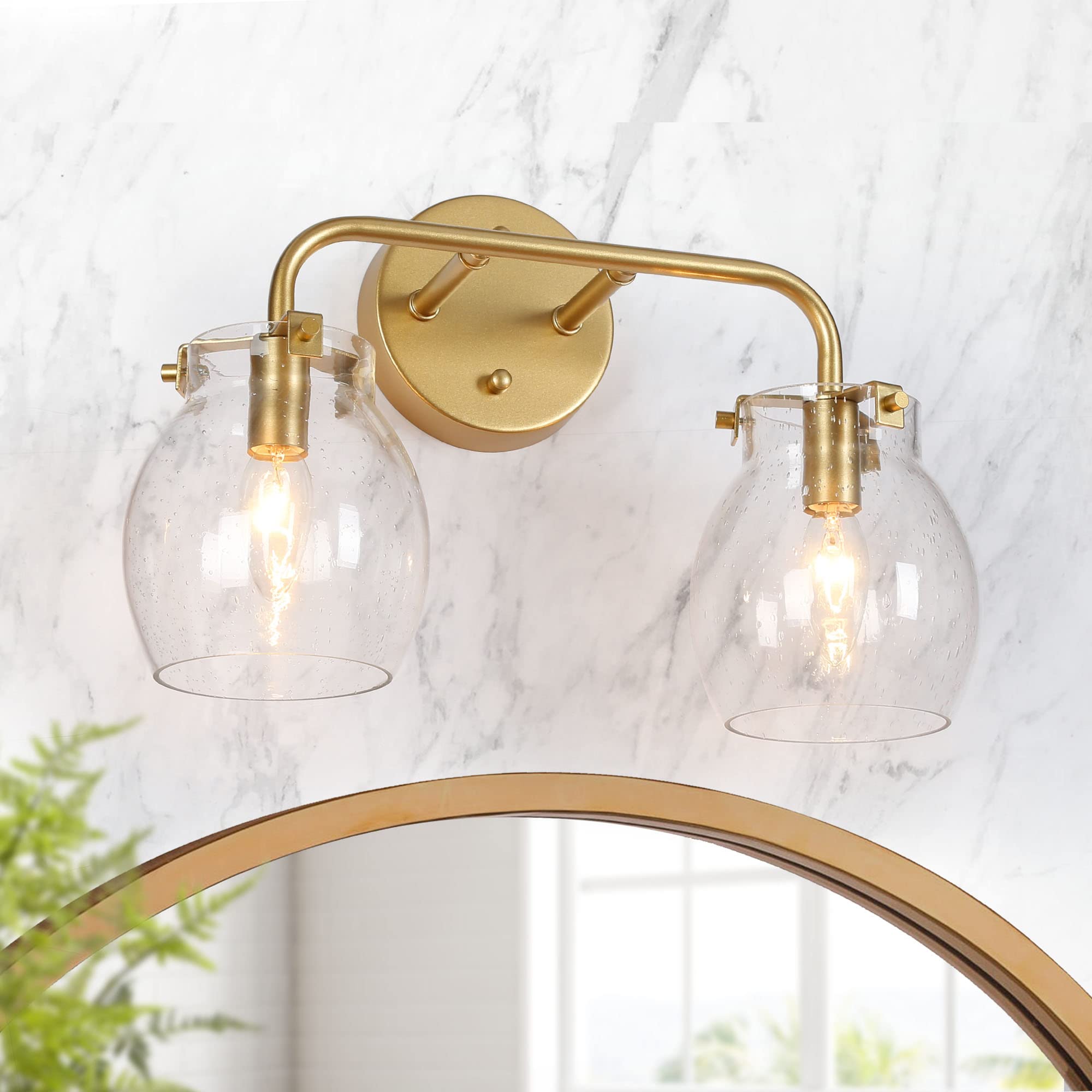 Durent Lighting Gold Vanity Lights - Modern Seeded Glass Bathroom Light Fixtures for Mirror (2 Light) - Perfect for Bathroom Vanity, Dressing Room & Makeup Area Lighting