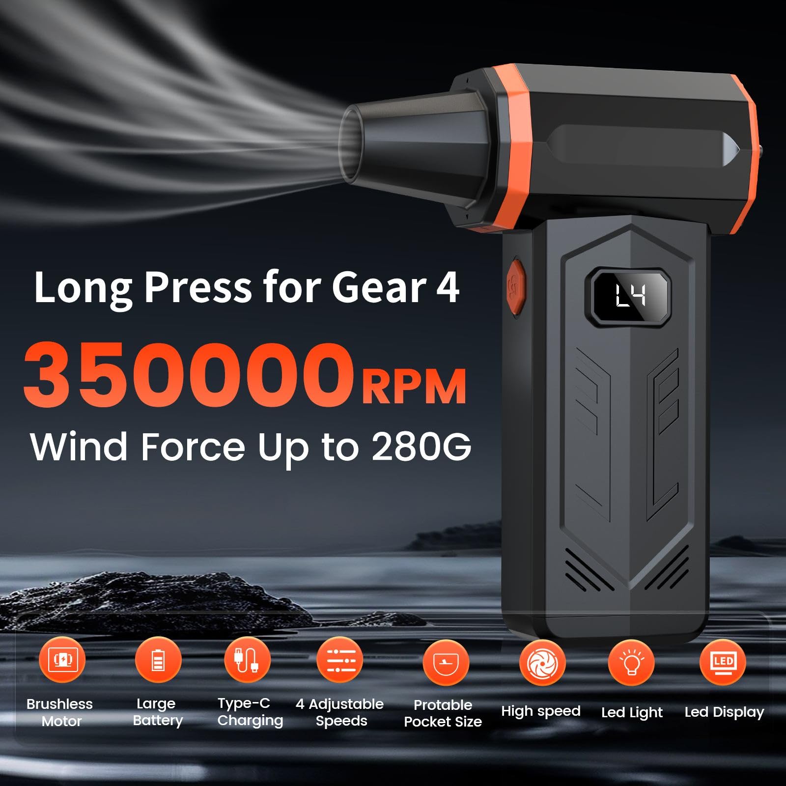 350,000 RPM Turbo Jet Compressed Air Duster with LED Display - 4-Speed Adjustable Electric Air Blower for Keyboard Cleaning, PC Maintenance, Car Detailing & Home Dusting | Replaces Canned Air (Orange)