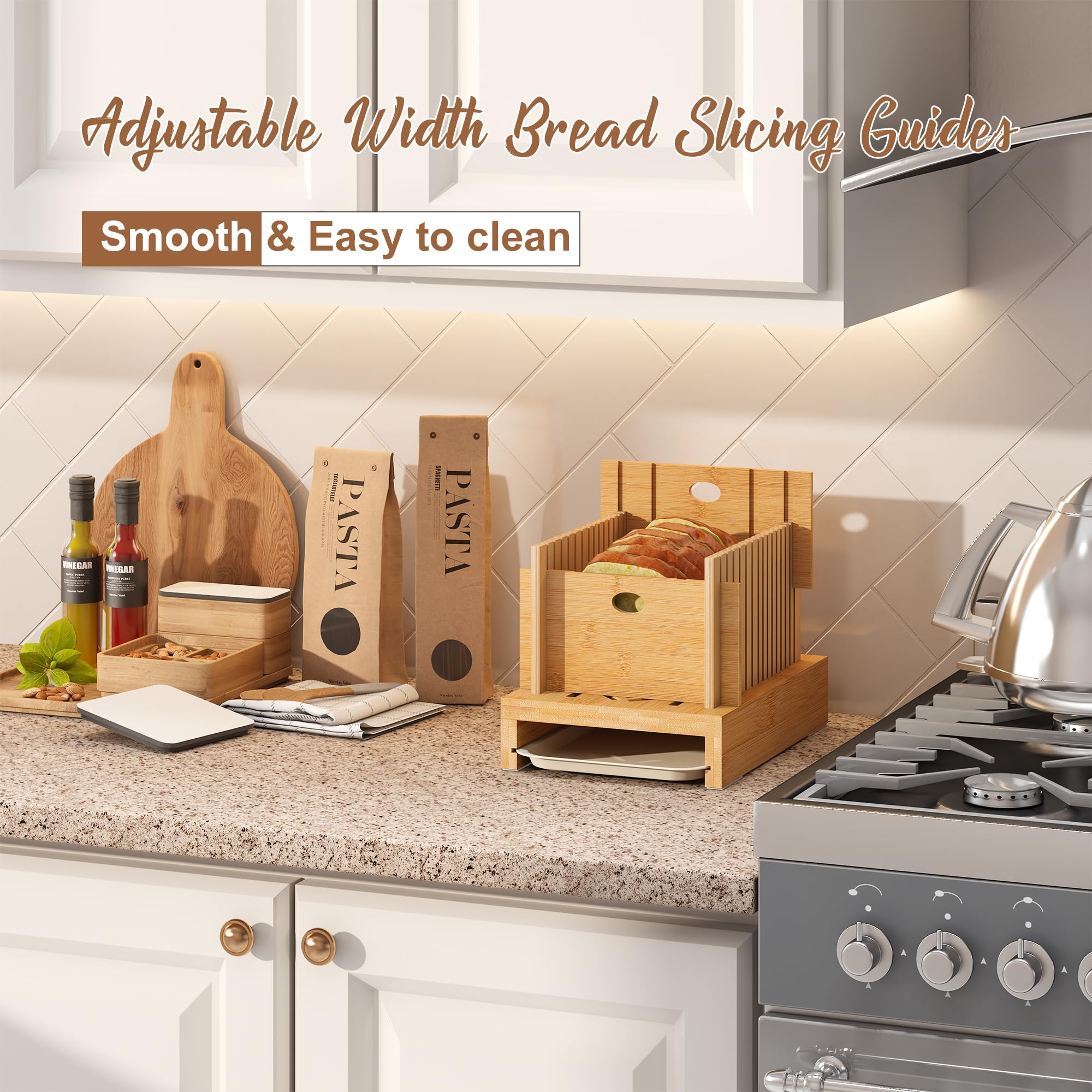 FILWH Adjustable Bamboo Bread Slicer with Crumb Tray - Foldable Wooden Bread Cutting Board for Homemade Loaves, Cakes & Pastries - Perfect for Kitchen, Baking & Meal Prep