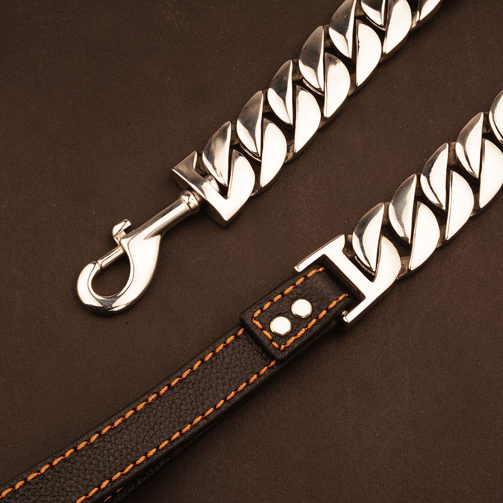 32MM Heavy Duty Dog Training Leash with Soft Padded Leather Handle & Gold Stainless Steel Chain - 90CM Strong Traction Lead Rope for Large Dogs - Perfect for Obedience Training, Walking, and Outdoor Adventures