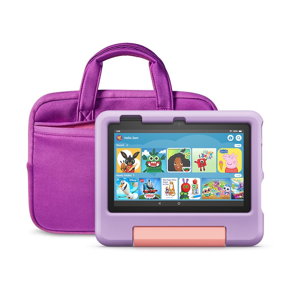 Fire 7 Kids Tablet 16GB Purple - Durable & Parental Control | NuPro Zipper Sleeve Purple/Pink | Perfect for Learning & Travel