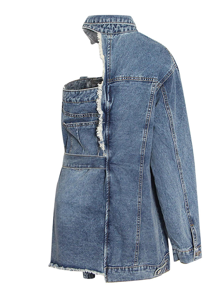Women's Asymmetrical Patchwork Lace-Up Denim Mini Dress - One Shoulder Lapel Sleeve Design, Casual A-Line Dress for Party, Date Night & Summer Outfits