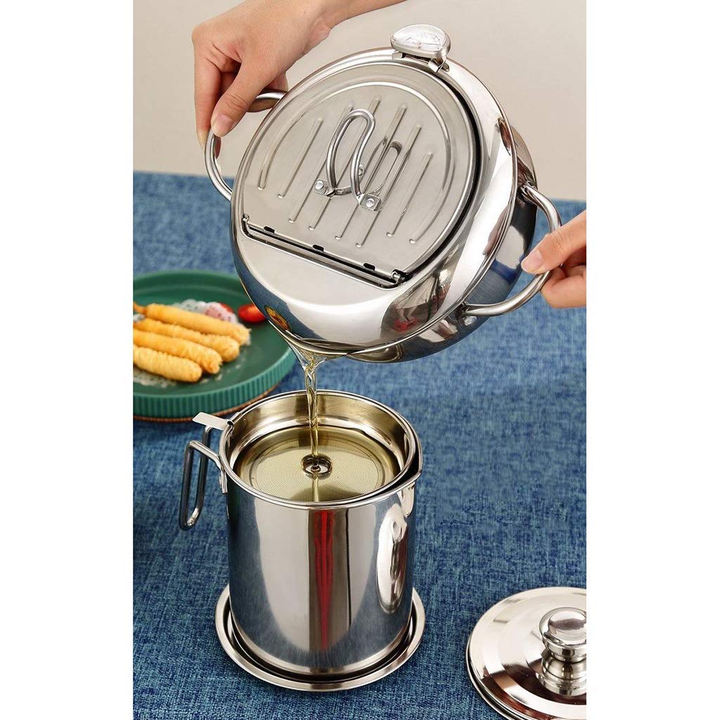Premium Stainless Steel Deep Fryer Pot with Drainer & Thermometer - 20cm Tempura Fry Pan for Home & Restaurant Use - Perfect for Frying Chicken, Fish, Donuts & More