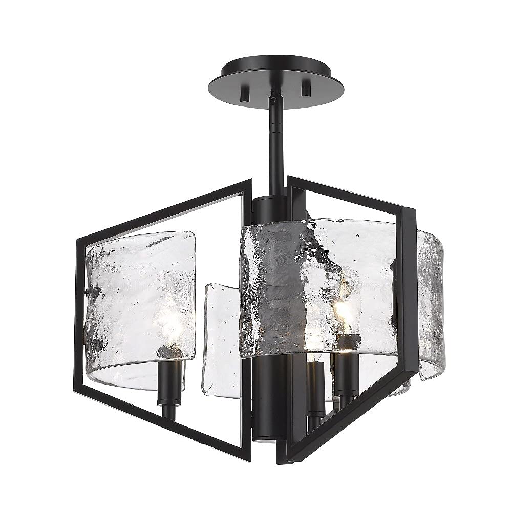 Varska Semi-Flush Mount Ceiling Light Fixture - Matte Black Finish with Hammered Water Glass Shade - Perfect for Bedroom, Living Room, and Dining Room Lighting