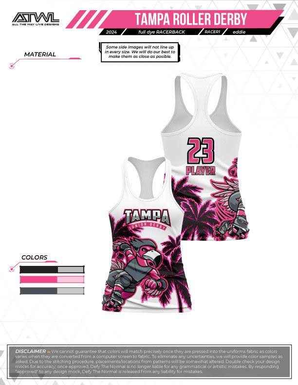 Tampa Roller Jr Derby Black Full Dye Women's Racerback Jersey - Breathable Performance Shirt for Roller Skating, Derby Competitions & Sports Events