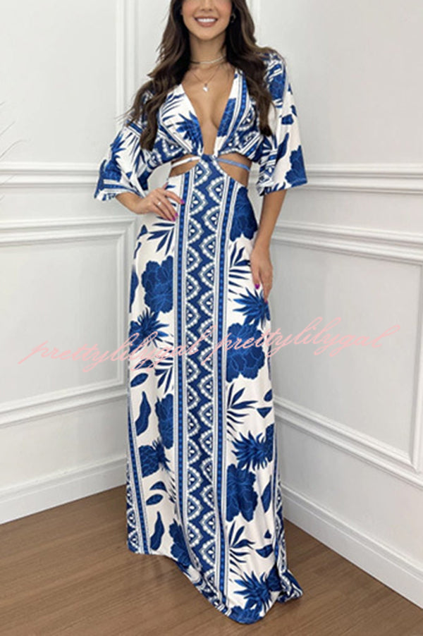 Wilma Unique Print Cutout Elastic Waist Tie Up Kimono Sleeve Maxi Dress - Women's Flowy Summer Beach Cover Up Dress for Vacation, Party & Boho Fashion