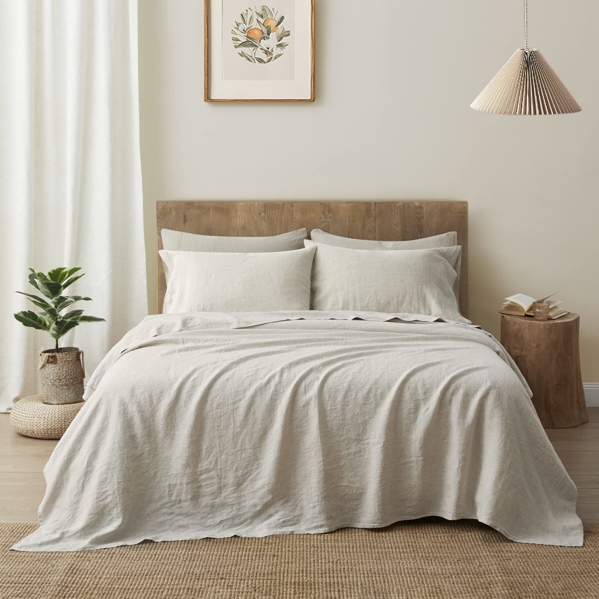 ATLINIA 100% Pure Flax Linen Bed Sheets Set Queen Size - Stone Washed French Linen Bedding Set of 4 (Fitted Sheet, Flat Sheet & 2 Pillowcases) - Farmhouse Style Deep Pocket Sheets for Comfortable Sleep - Perfect for Master Bedroom, Guest Room & Vacation Homes