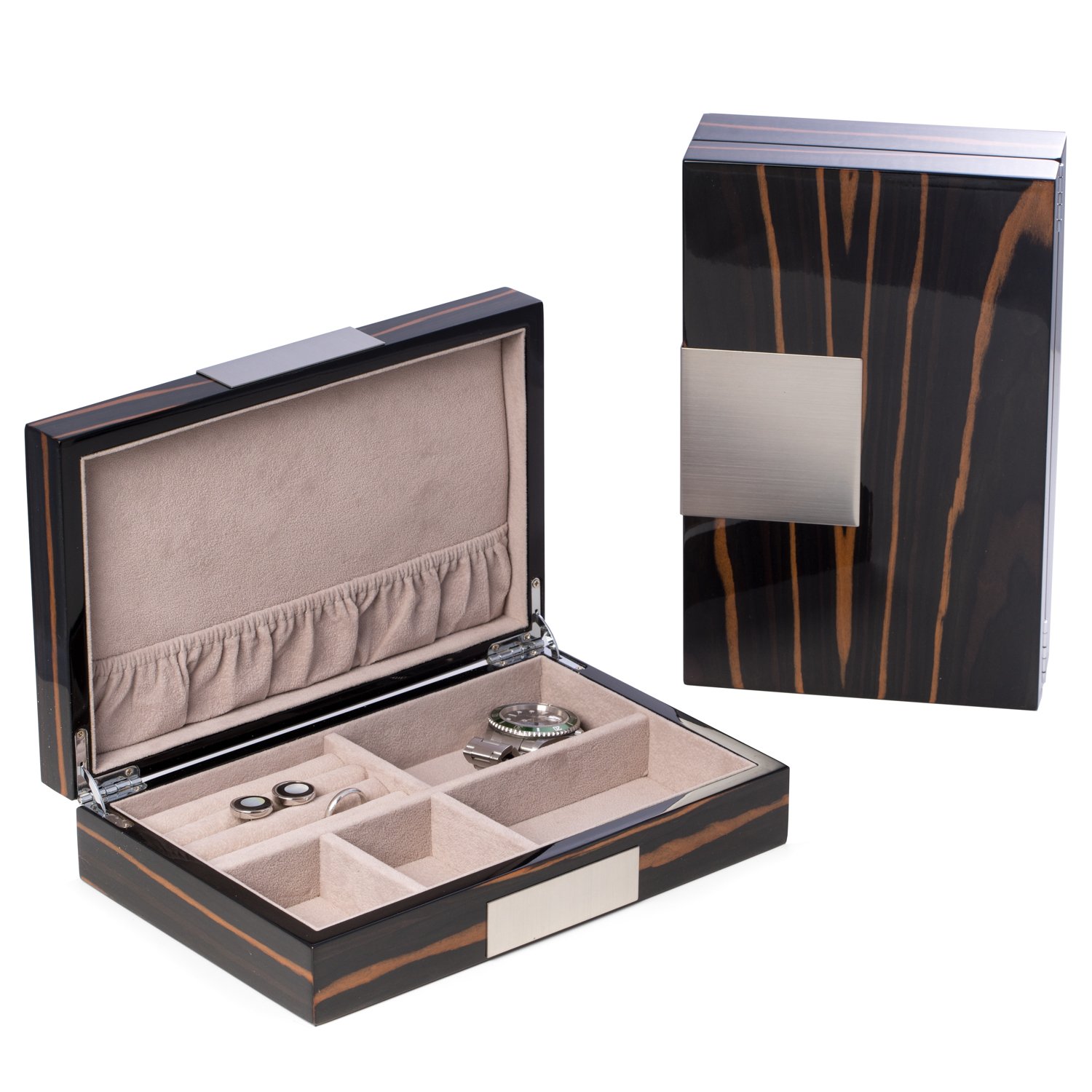 Personalized Italian Wood Valet Storage Box with High-Gloss Lacquer - Custom Engraved Tan Jewelry & Watch Organizer for Men - Perfect for Dresser Top, Nightstand, or Gift