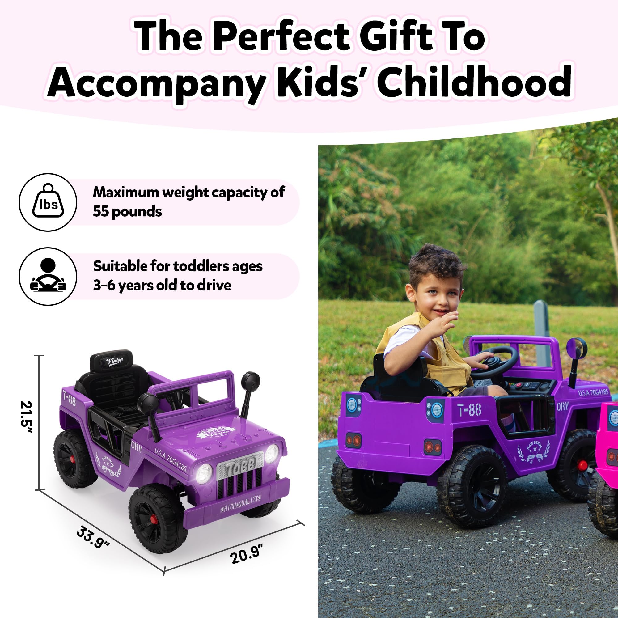 TOBBI 12V Kids Ride On Truck - Electric Powered Toy Car for Toddlers Ages 3-6 with Off-Road Wheels, Suspension, Horn & LED Lights - Perfect Birthday & Christmas Gift for Boys & Girls - Great for Indoor & Outdoor Play (Purple)