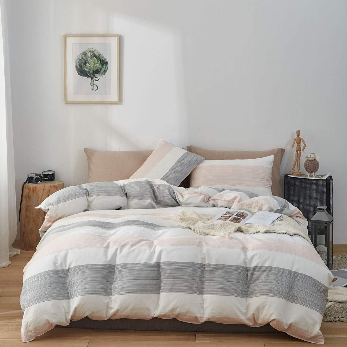 Joyreap 3-Piece Premium Cotton Comforter Set - Light Gray & Pink Stripes on White, Soft Fluffy All-Season Bedding for Queen Size (88x88 Inches) | Cozy Home Decor for Master Bedroom, Guest Room & Dorm