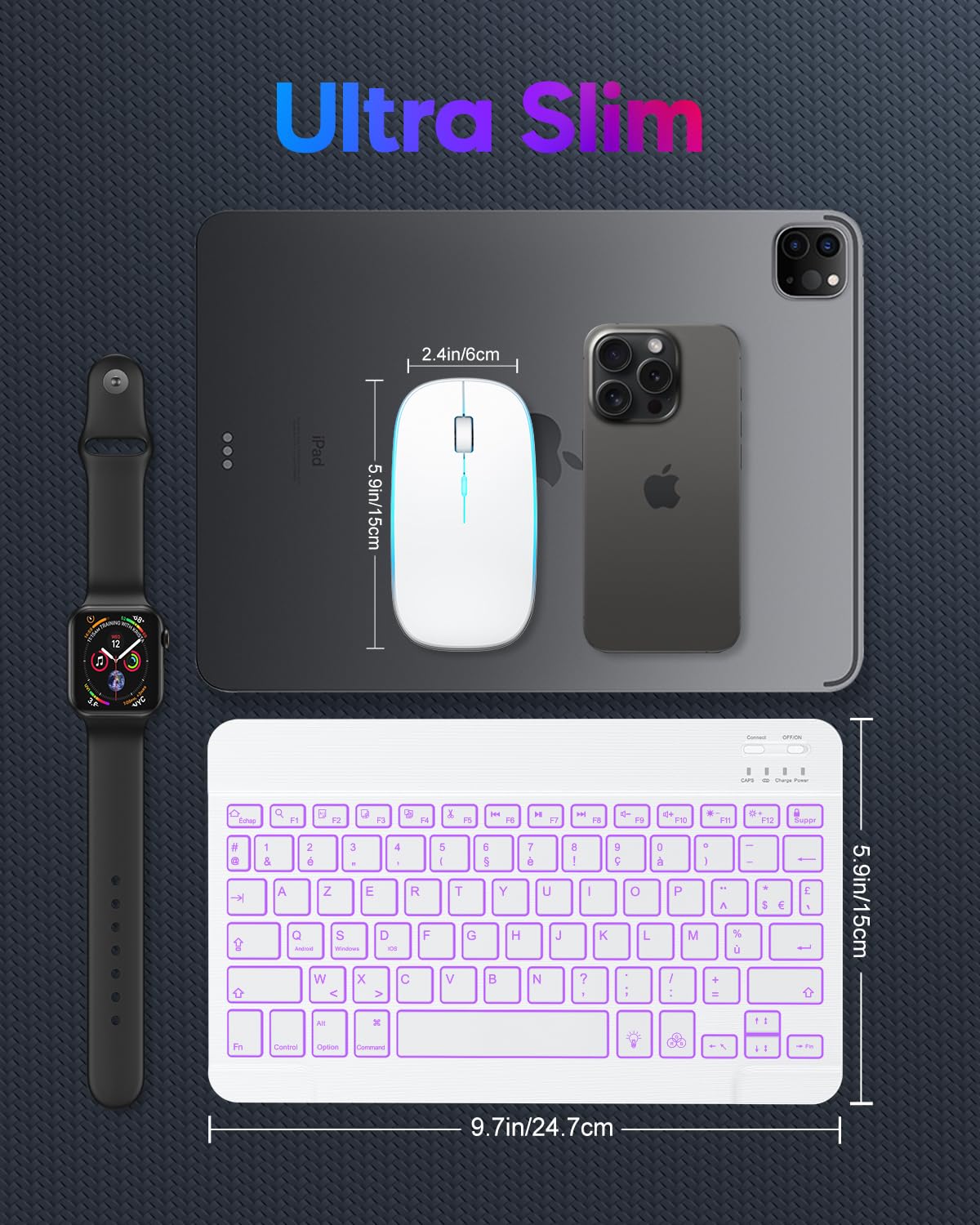 TECURS Wireless Bluetooth Keyboard and Mouse Combo for iPad iPhone - Silent Backlit Rechargeable Portable AZERTY iOS Keyboard with Ergonomic Design - Perfect for Home Office, Remote Work & Travel (White)