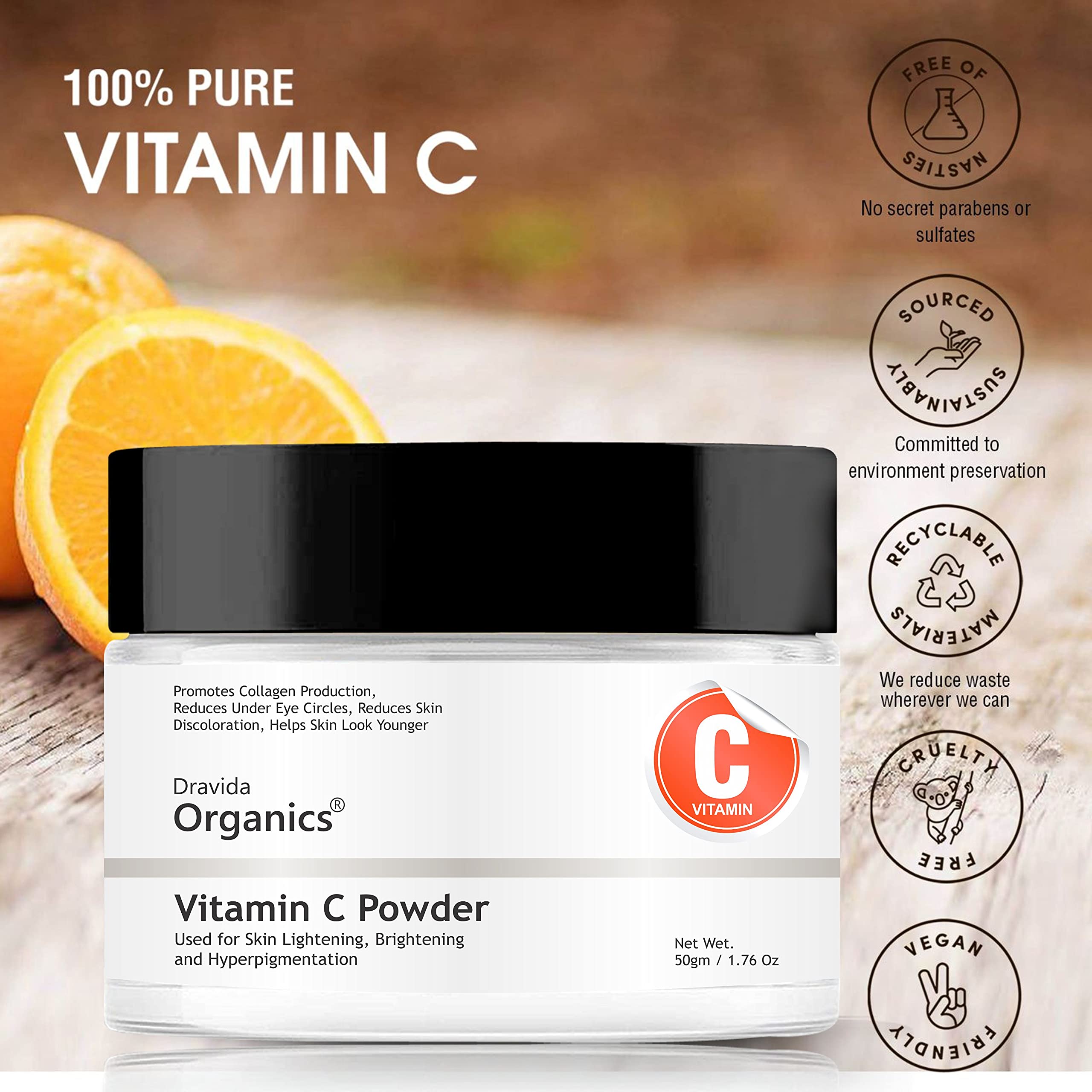 Dravida Organics Pure L-Ascorbic Acid Vitamin C Powder (50g) - Skin Brightening Serum & DIY Cosmetic Formulations - Perfect for Anti-Aging, Dark Spot Treatment & Glowing Skin Care Routine