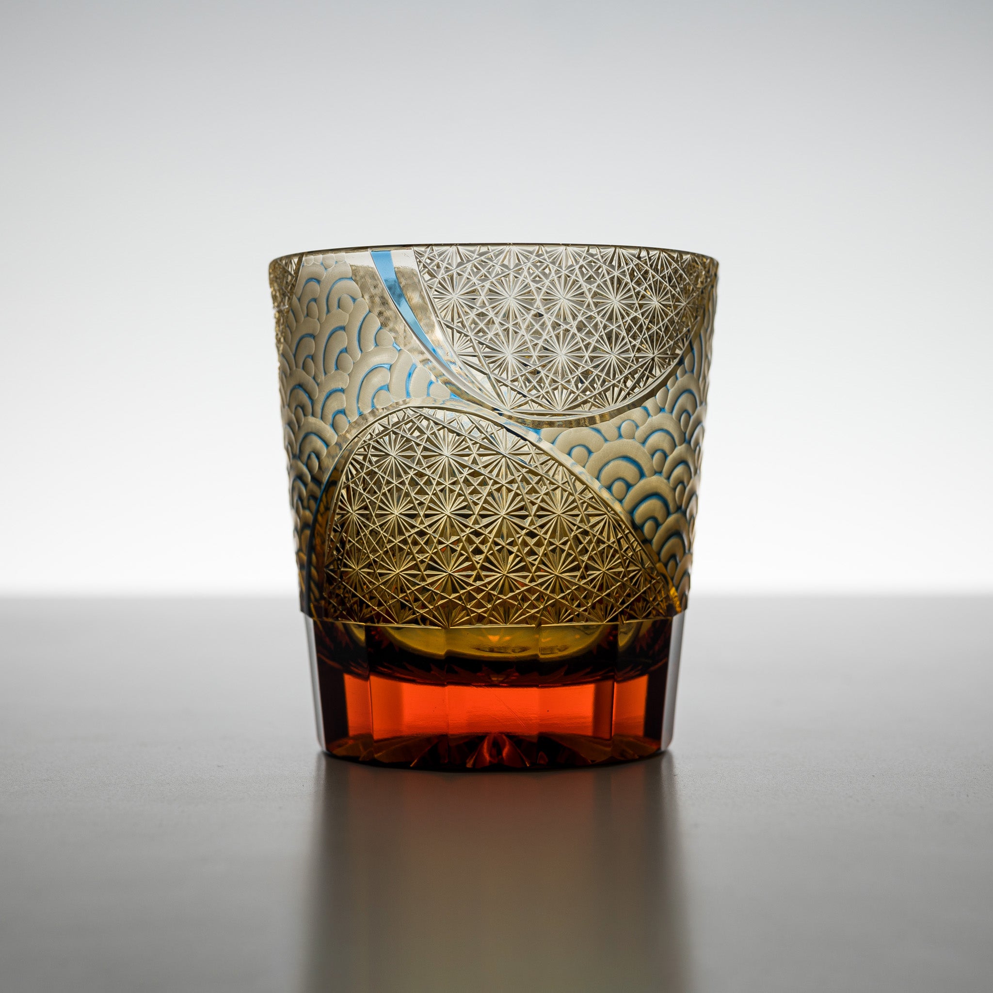 Yamada Crystal Glass Rock Glass - Amber Blue Wave Design - Premium Whiskey Tumbler for Home Bar, Cocktail Party & Gifts