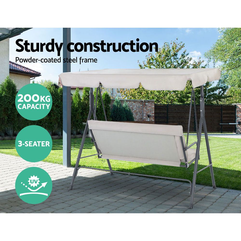 Gardeon 3-Seater Outdoor Swing Chair with Canopy - Beige Garden Bench Furniture for Patio, Backyard, and Relaxation