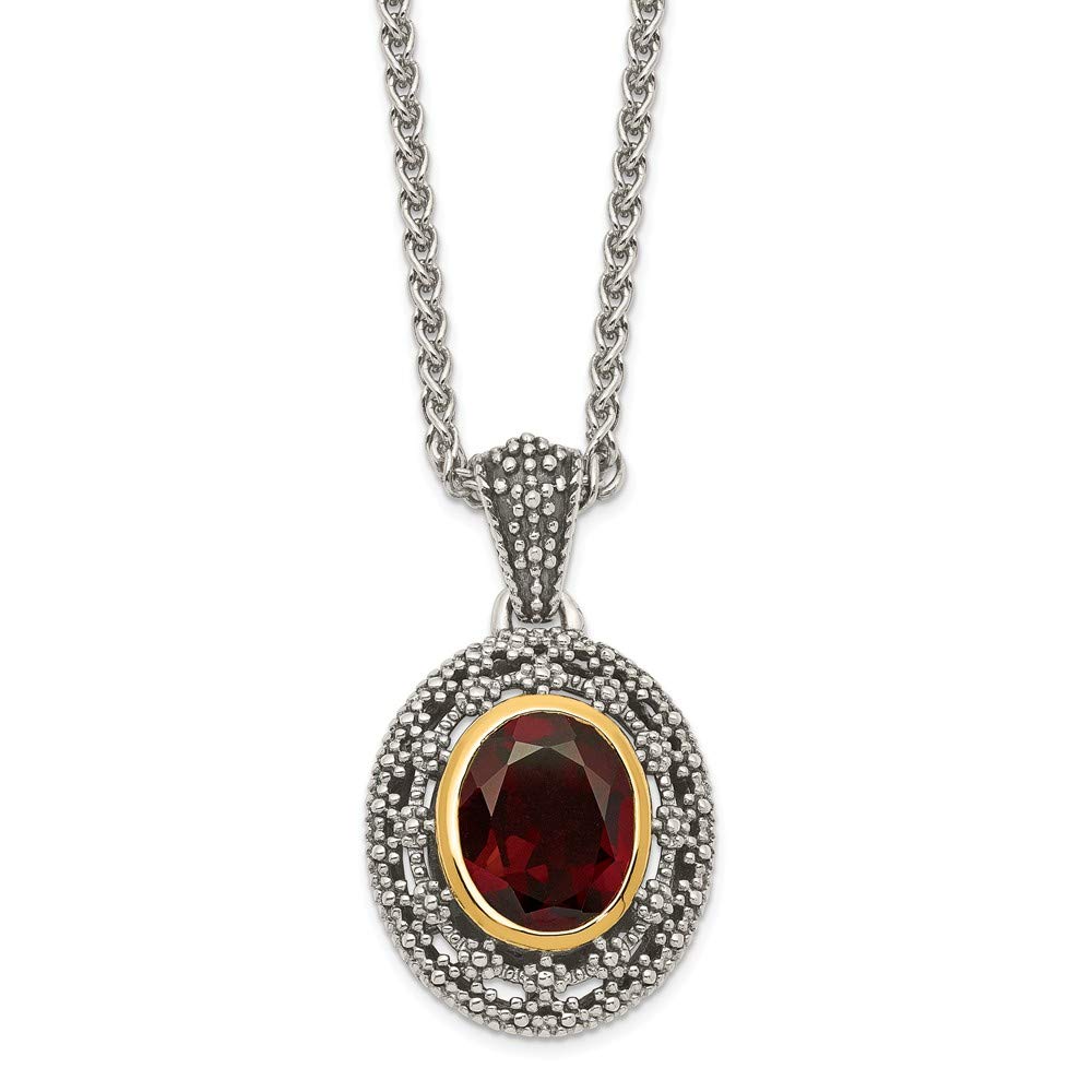 14K Yellow Gold & 925 Sterling Silver Garnet January Birthstone Oval Pendant Necklace - 18