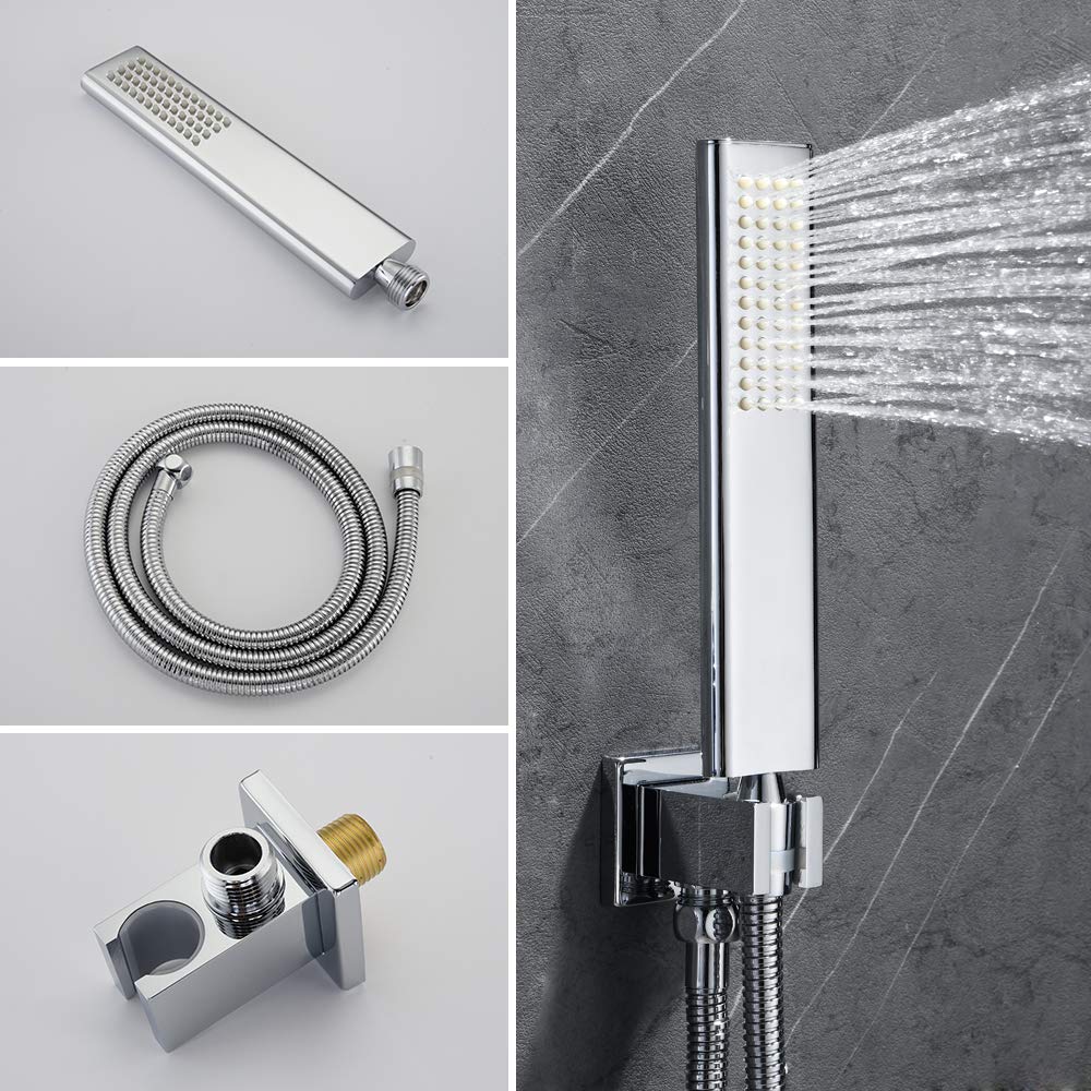 10 Inch Ceiling Mount Rain Shower System with Handheld - Polished Chrome Bathroom Shower Set Including Faucet Mixer, Rough-in Valve & Trim Kit - Perfect for Modern Spa-Like Showers and Luxurious Bathroom Upgrades