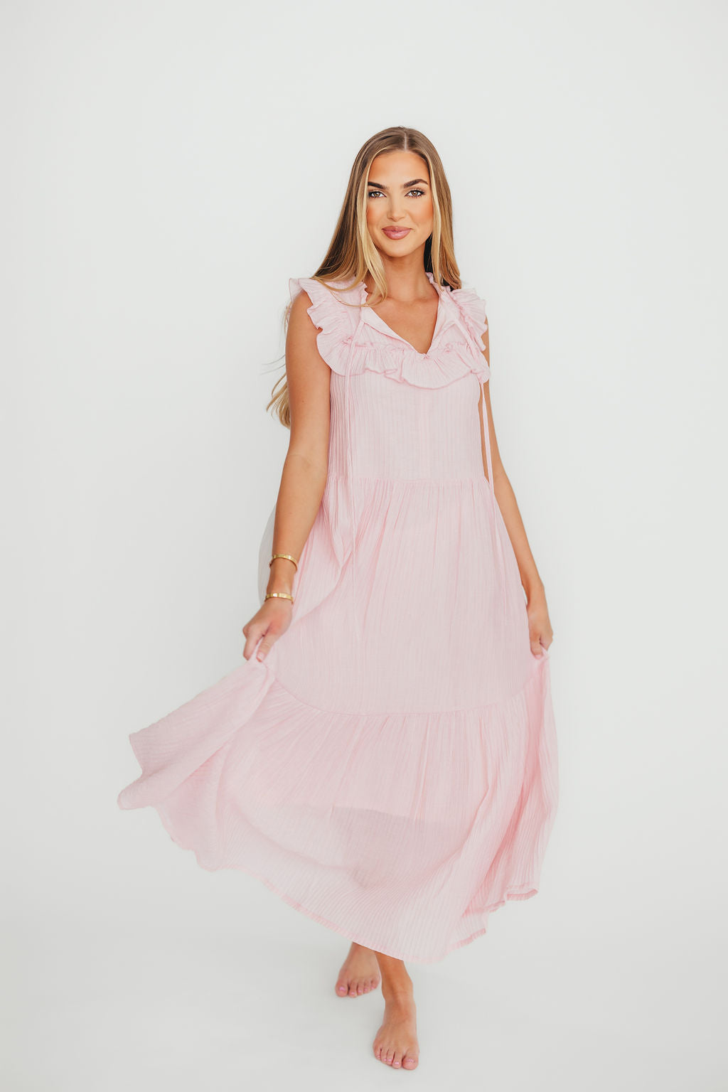 Brynn Ruffle Tiered Midi Dress for Women - Flowy Pink Summer Dress with Ruffled Hem | Perfect for Beach Vacations, Date Nights & Garden Parties