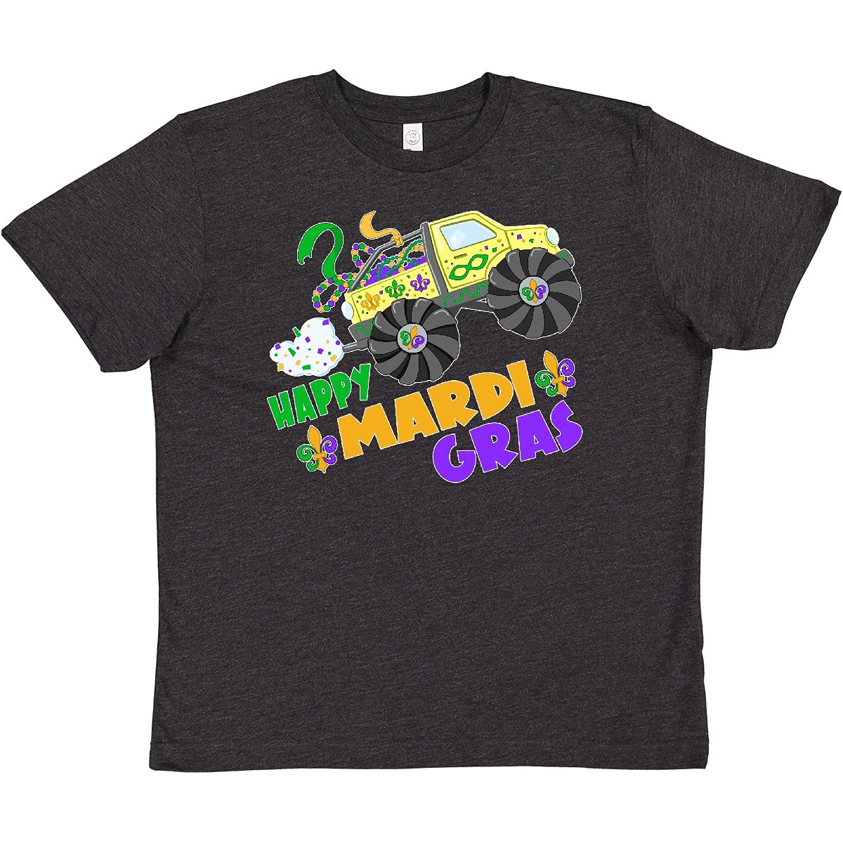Inktastic Happy Mardi Gras Monster Truck with Beads Youth T-Shirt | Fun Carnival Party Outfit for Kids | Festive Costume for Mardi Gras Parades & Celebrations