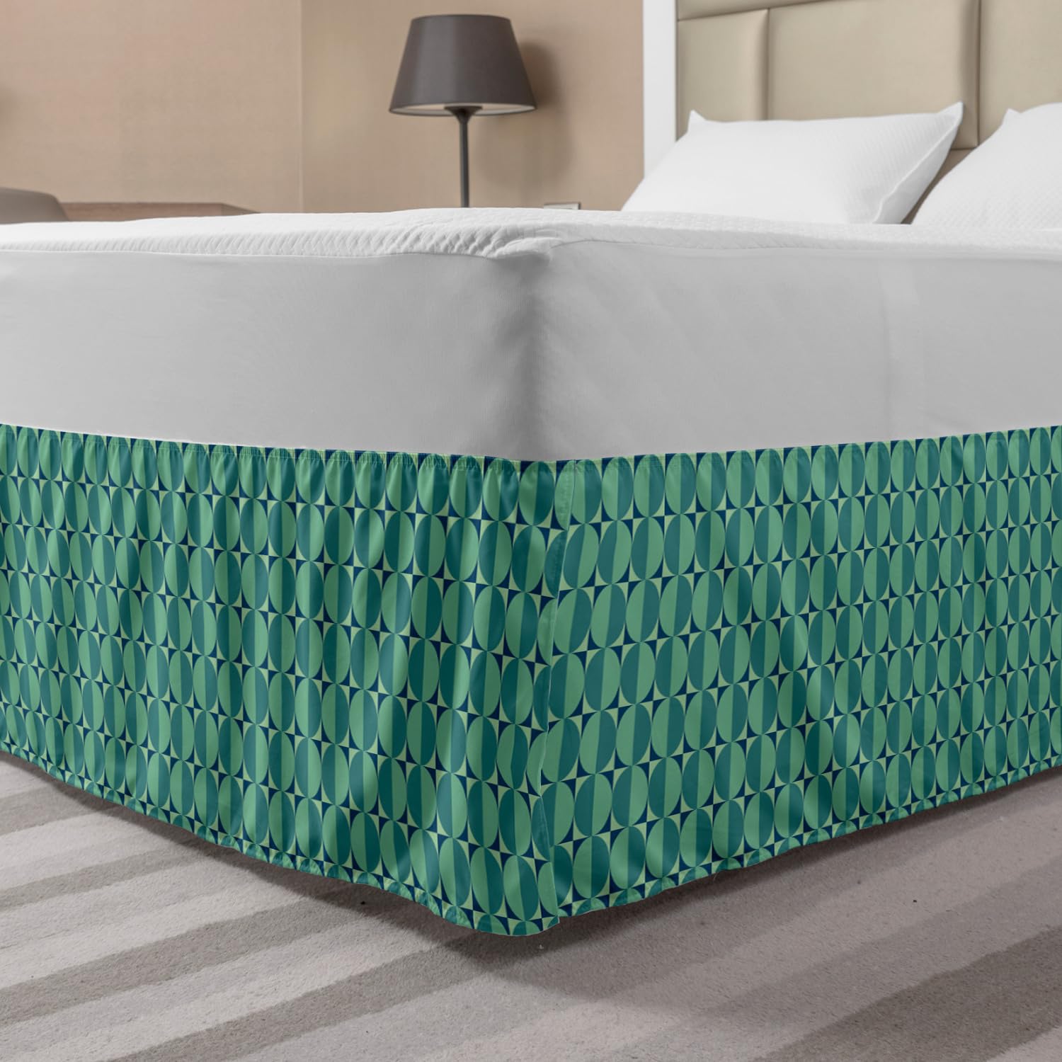 Ambesonne Geometric Bed Skirt - Abstract Retro Circular Design in Square Frames, Elastic Wrap Around Dust Ruffle for Queen Size Beds, Cadet Blue & Laurel Green - Perfect for Modern Bedroom Decor and Guest Room Styling