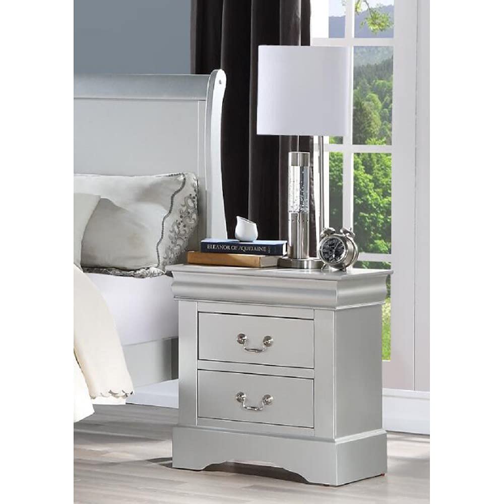 Vintage Mid Century Modern Nightstand with 2 Drawers - Solid Wood Bedside Table with Retro Handles for Bedroom & Living Room - Compact End Table for Small Spaces (Silver) | Perfect as Bedside Storage & Living Room Accent Furniture