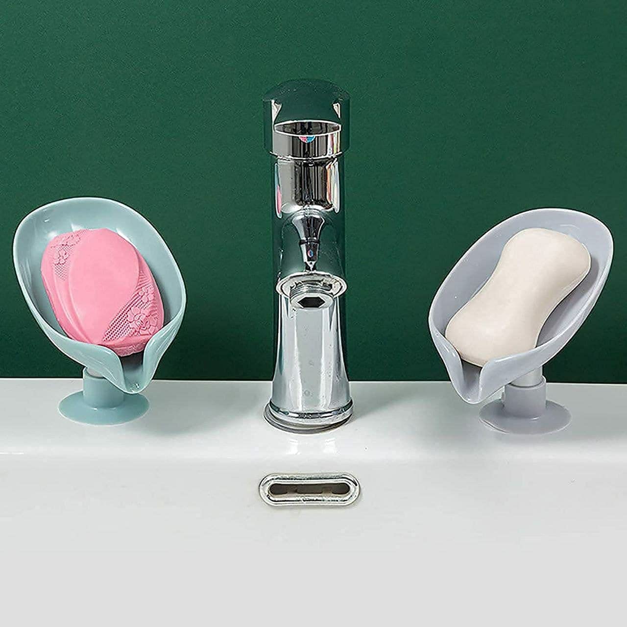 Self-Draining Plastic Soap Stand Holder for Bathroom & Kitchen Sink - Magic Stickers Included - Leaf Design Soap Dish (2-Pack) - Perfect for Showers, Countertops, and Vanity Organization