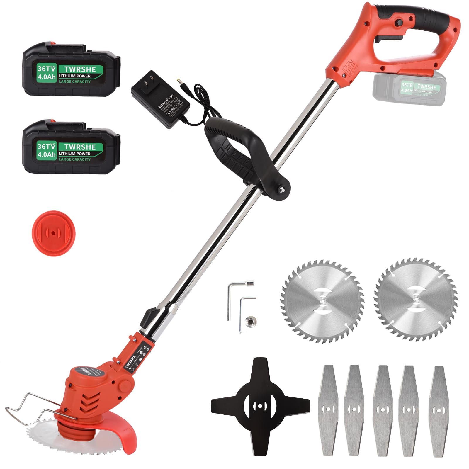 **2-in-1 Cordless Electric Brush Cutter & Weed Trimmer – 3-Function Blades, 2 x 4Ah Batteries, Lightweight & Powerful for Garden, Yard, Lawn, and Brush Trimming (Red) – Perfect for Homeowners & Landscapers**