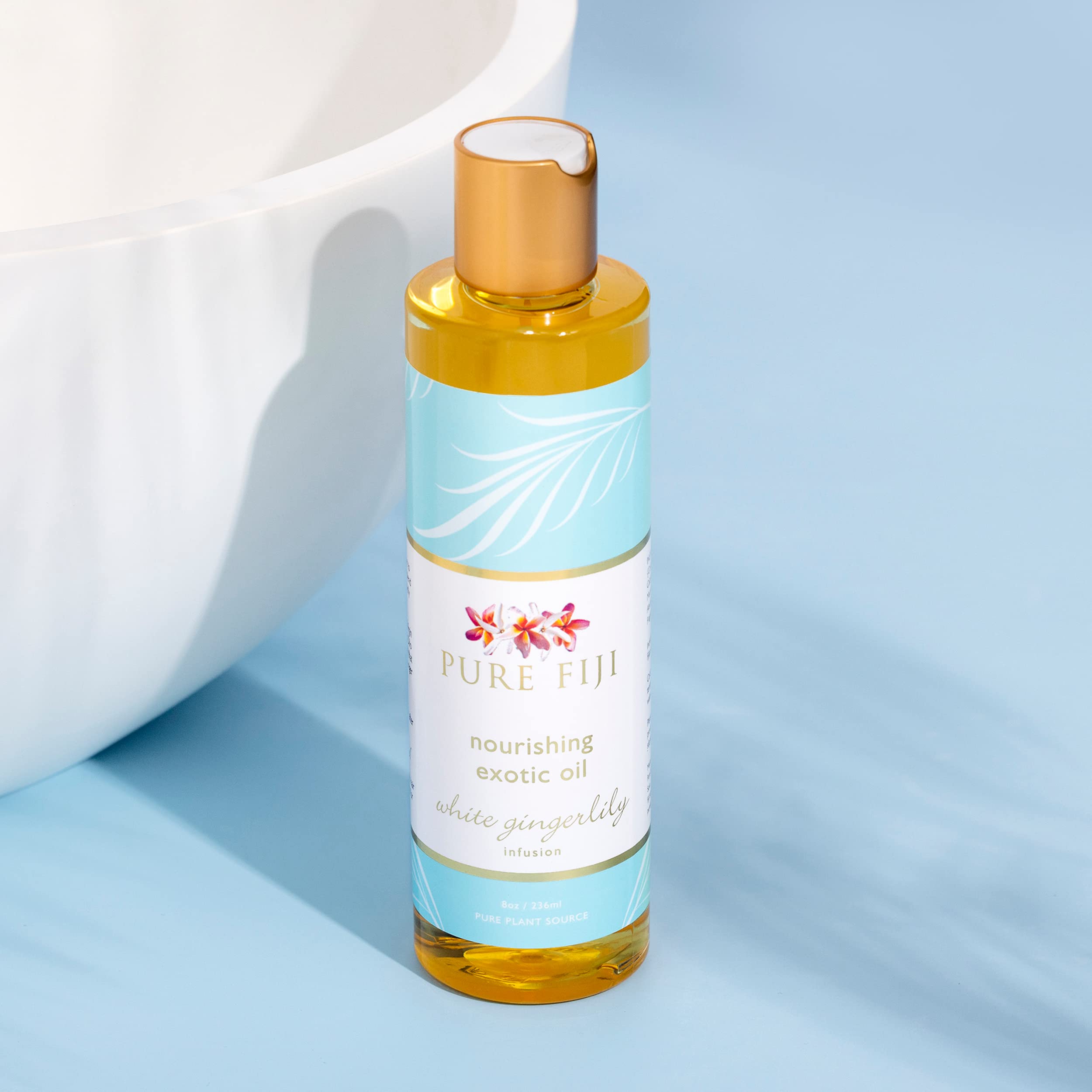 PURE FIJI Nourishing Exotic Body Oil - Natural Coconut & Vitamin E Moisturizer for Skin Care - Massage, Bath & SPA Oil for Women & Men - Hydrating Body Lotion with White Gingerlily Scent - 8oz - Perfect for Relaxation, Post-Shower Hydration & Aromatherapy