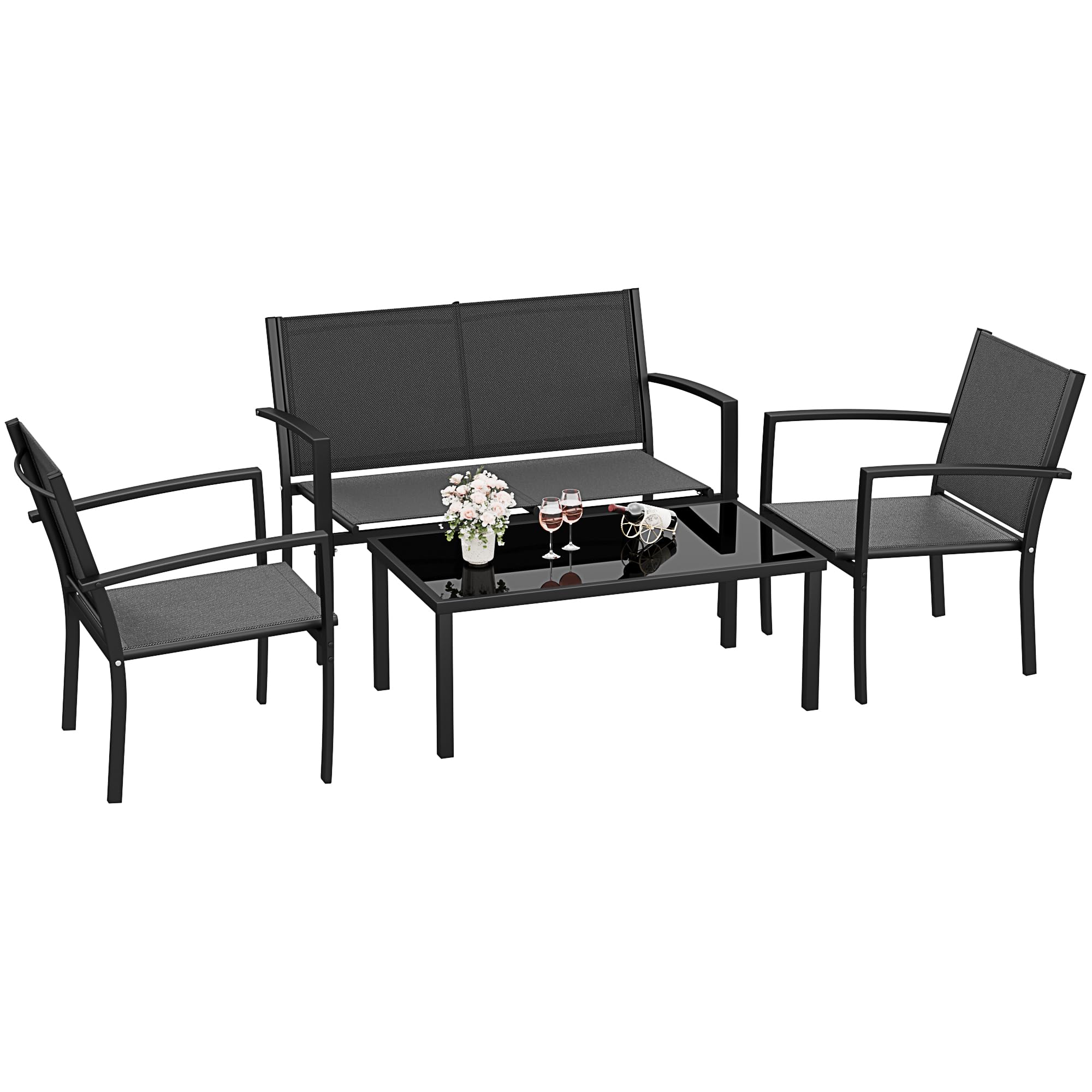 Rankok 4-Piece Modern Outdoor Patio Furniture Set - Textilene Conversation Set with Loveseat & Coffee Table - Black Patio Chairs for Porch, Lawn, Poolside & Balcony - Perfect for Backyard Relaxation & Outdoor Entertaining