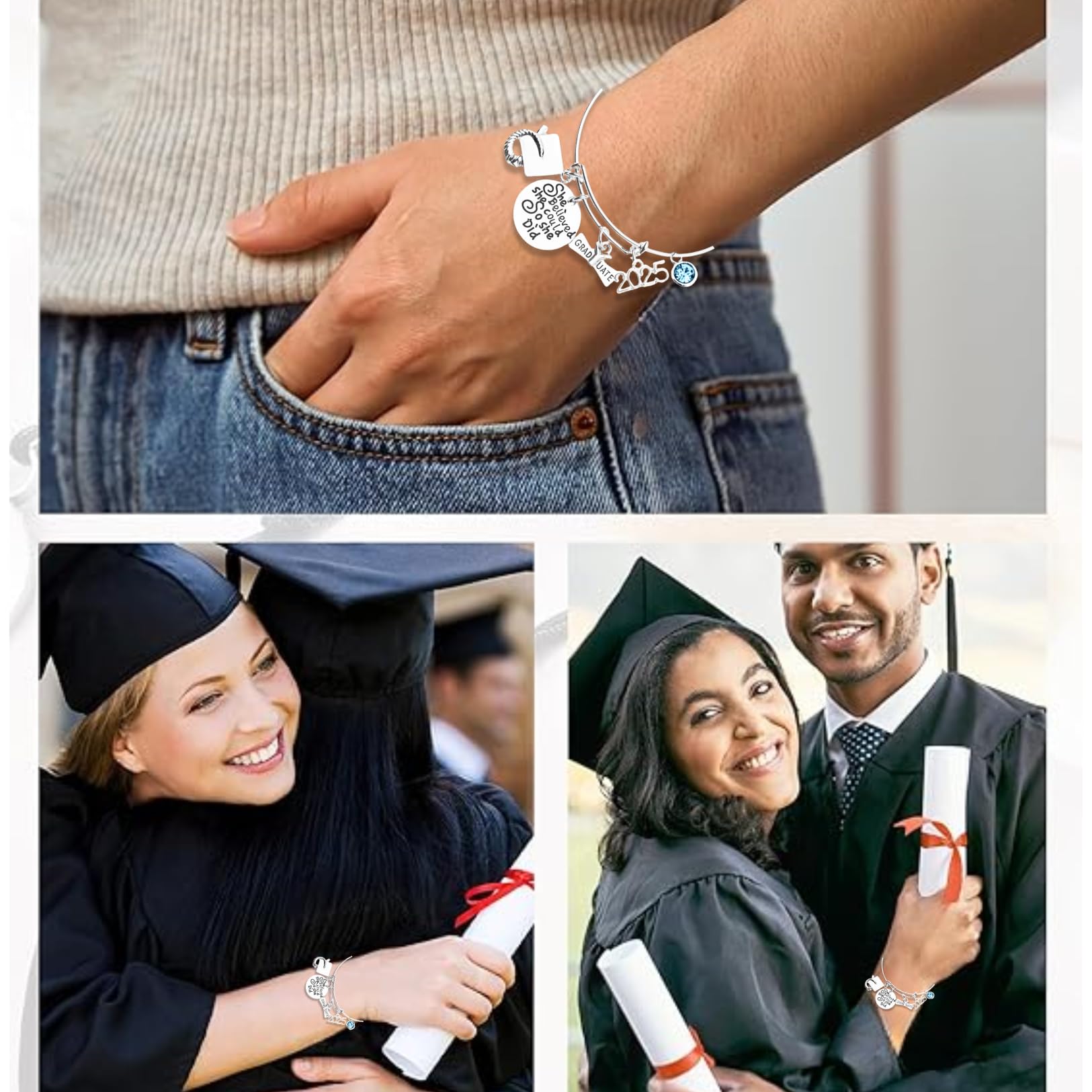 Personalized 2025 Graduation Bangle Bracelet with Birthstone Charm - She Believed She Could So She Did Inspirational Jewelry Gift for Graduates | Perfect for High School & College Graduation Ceremonies, Commencement Gifts & Achievement Celebrations