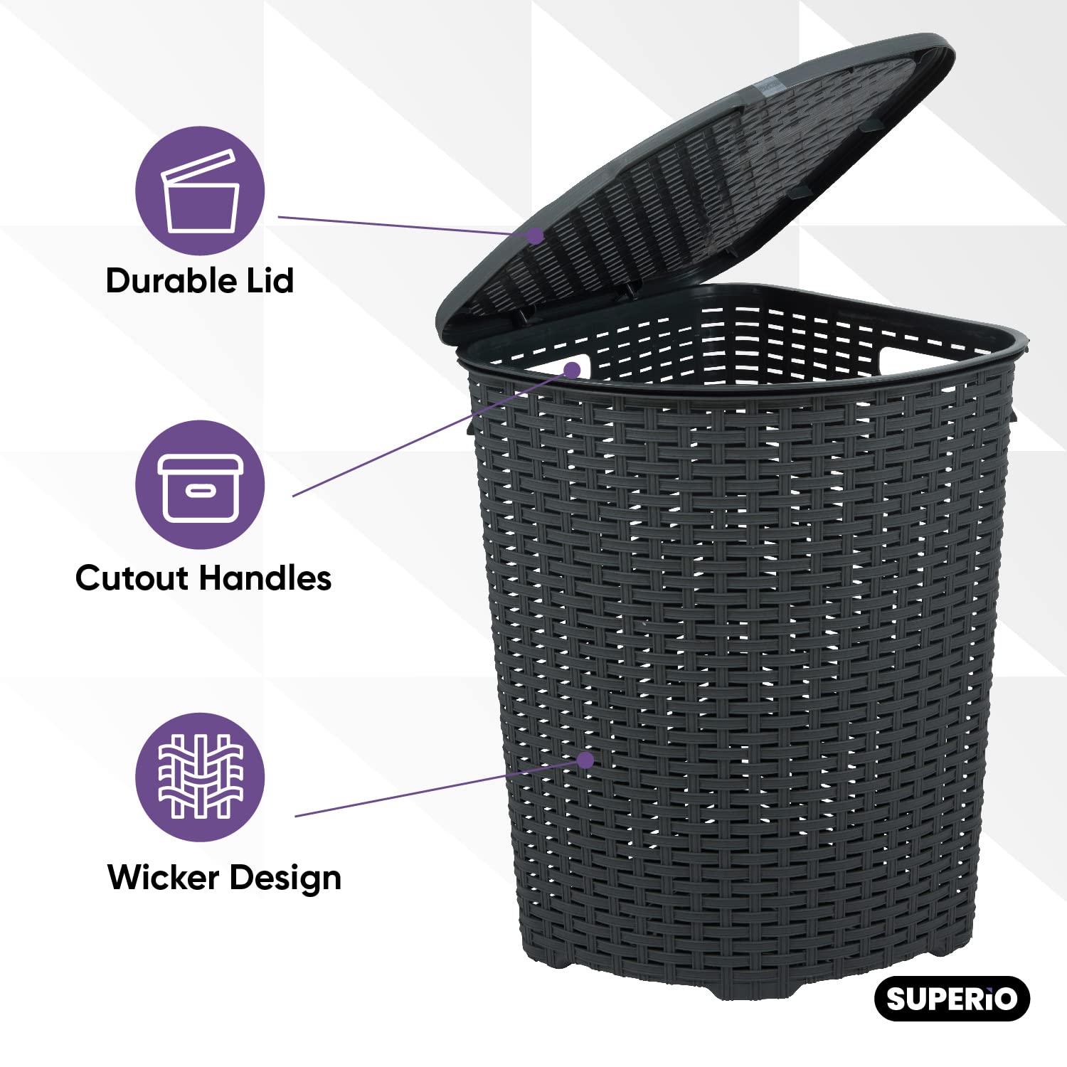 Premium 50L Grey Wicker Laundry Hamper with Lid - Durable & Lightweight Corner Basket with Handles - Curved Design for Bathroom, Closet or Door Storage - Perfect for Organizing Dirty Clothes in Small Spaces