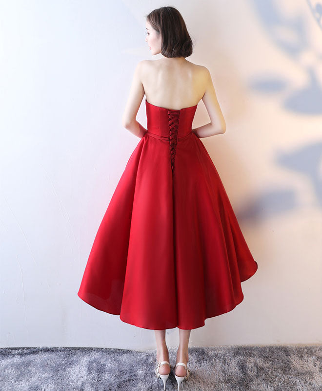 Elegant Red Strapless Tea Length Prom Dress for Women - Perfect for Evening Parties, Homecoming, and Formal Events