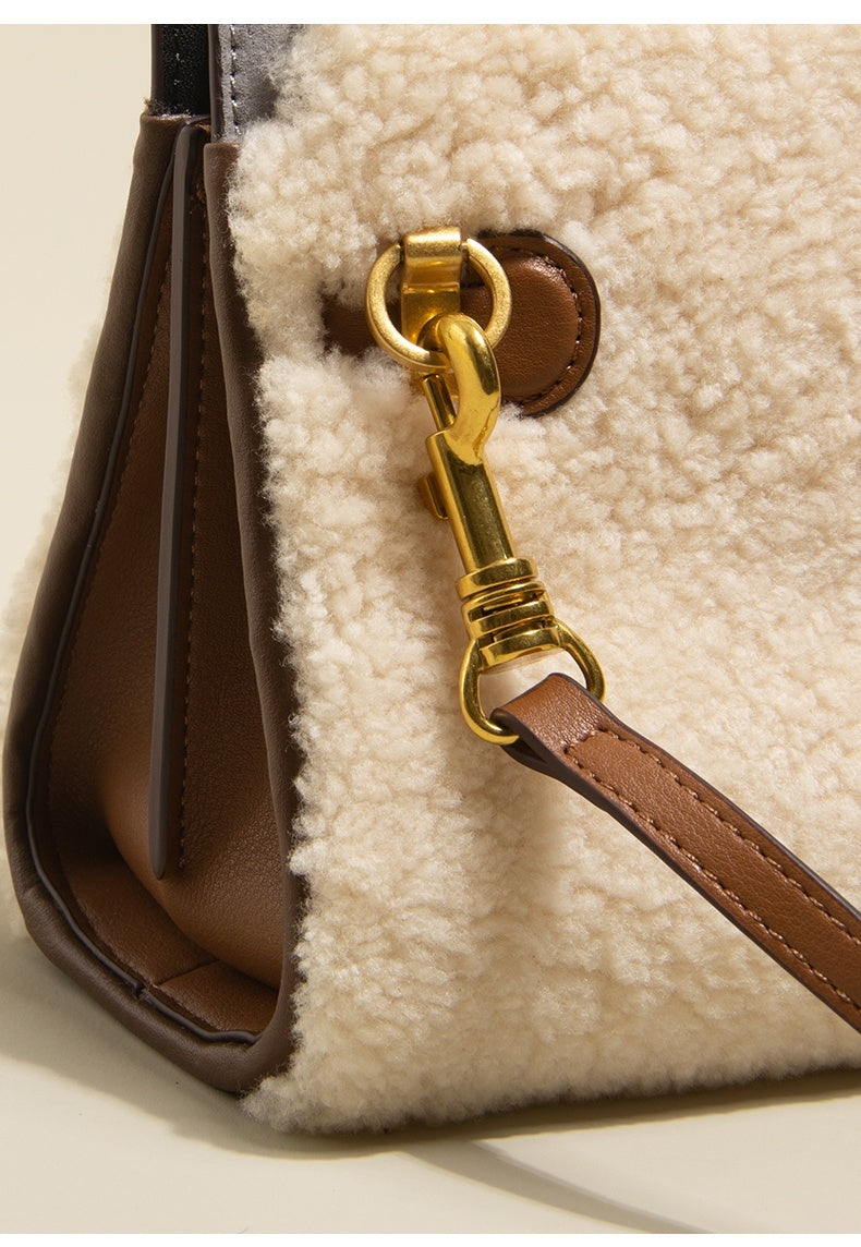 Premium Genuine Leather & Lamb Wool Winter Tote Bag - Women's Fashion Shoulder Bag & Crossbody Purse for Work, Travel & Daily Use