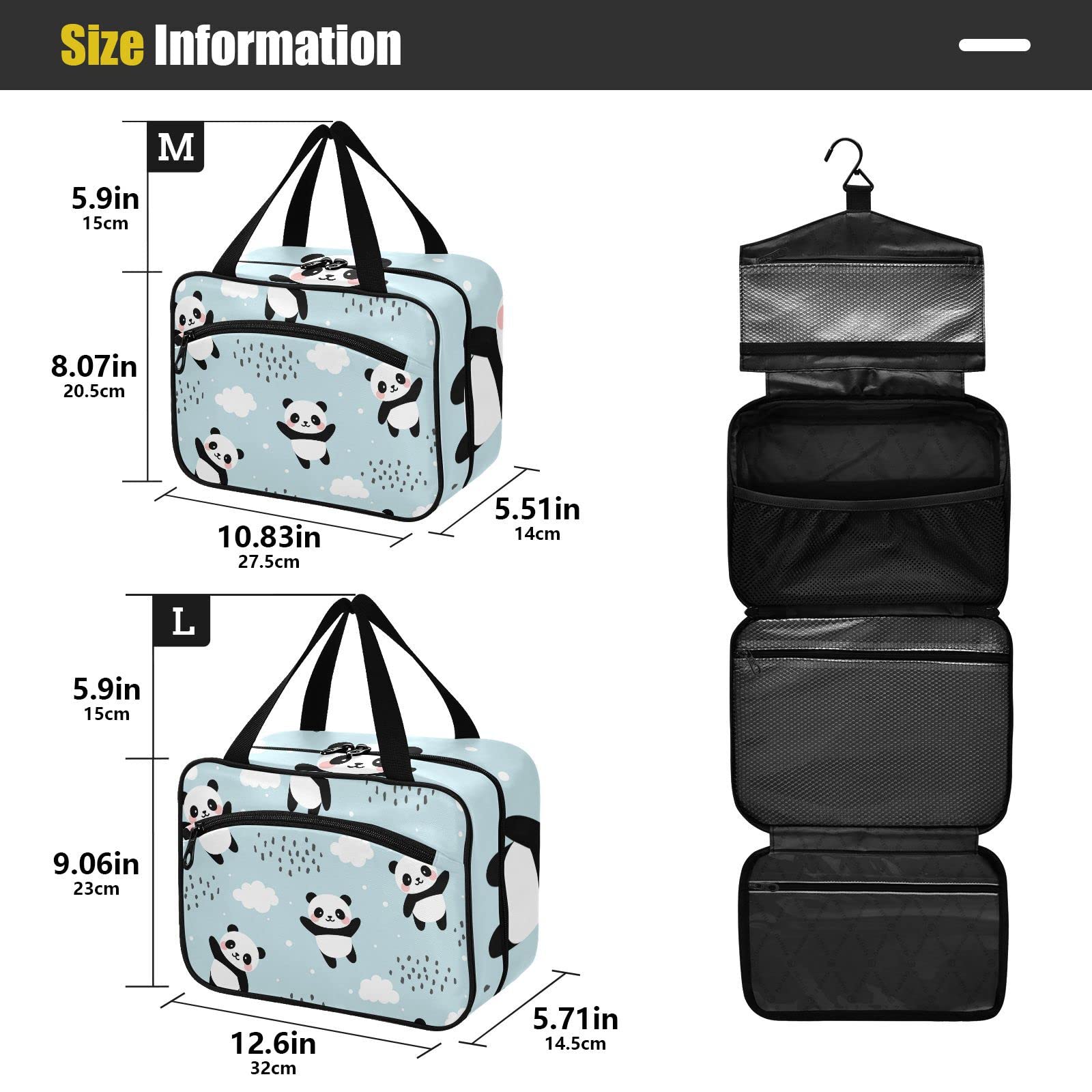 Cute Panda Travel Toiletry Bag - Large Cosmetic Organizer with Hook for Women | Perfect for Vacation & Gym