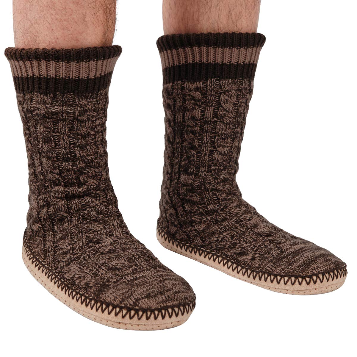 Men's Winter Cable Knit Non-Slip Slipper Socks - Warm Sherpa Lined Cozy Indoor House Socks for Cold Weather | Perfect for Lounging, Home Comfort & Holiday Gifts
