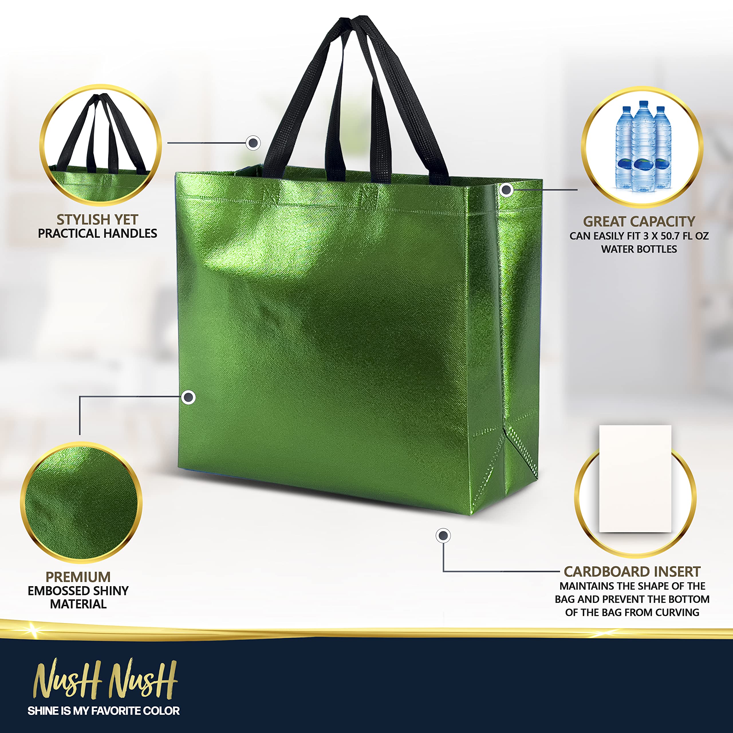 Nush Nush 12-Pack Large Reusable Gift Bags - 6 Vibrant Colors with Glossy Finish (13x5x11 Inches) - Perfect for Birthday Parties, Wedding Favors, Baby Showers & Holiday Gift Wrapping