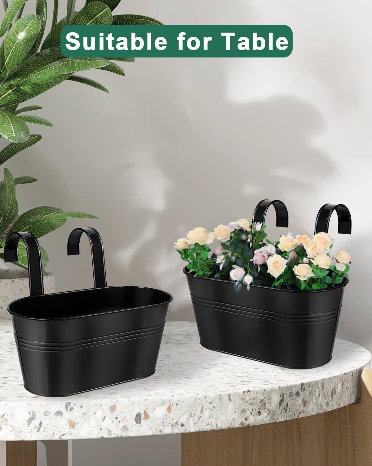 Vensovo 3-Pack Black Metal Railing Planters for Outdoor - Oval Hanging Planter Box with Detachable Hooks & Drain Holes - Perfect for Balcony, Garden Fence, Deck & Patio Decor