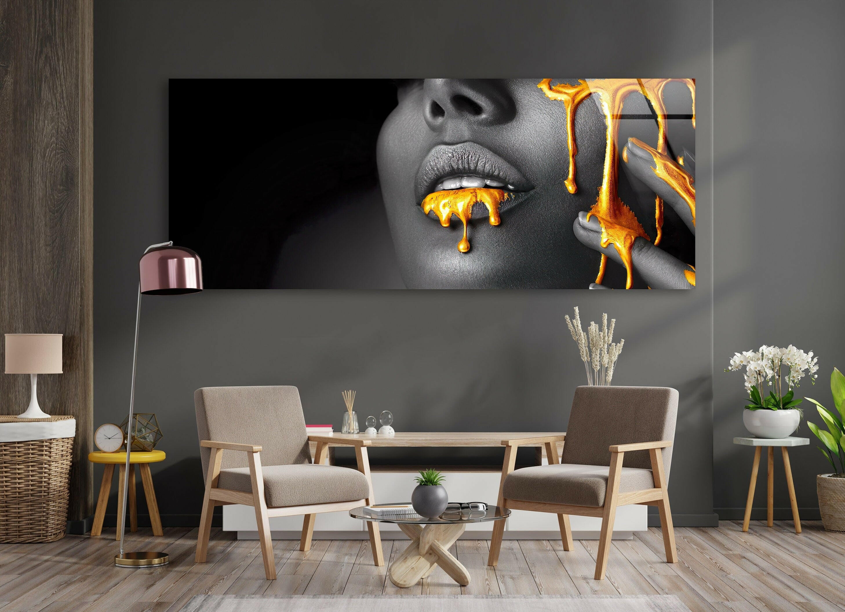 Elegant Black Woman Face Gold Liquid Glass Wall Art - Modern Home Decor for Living Room, Bedroom & Office