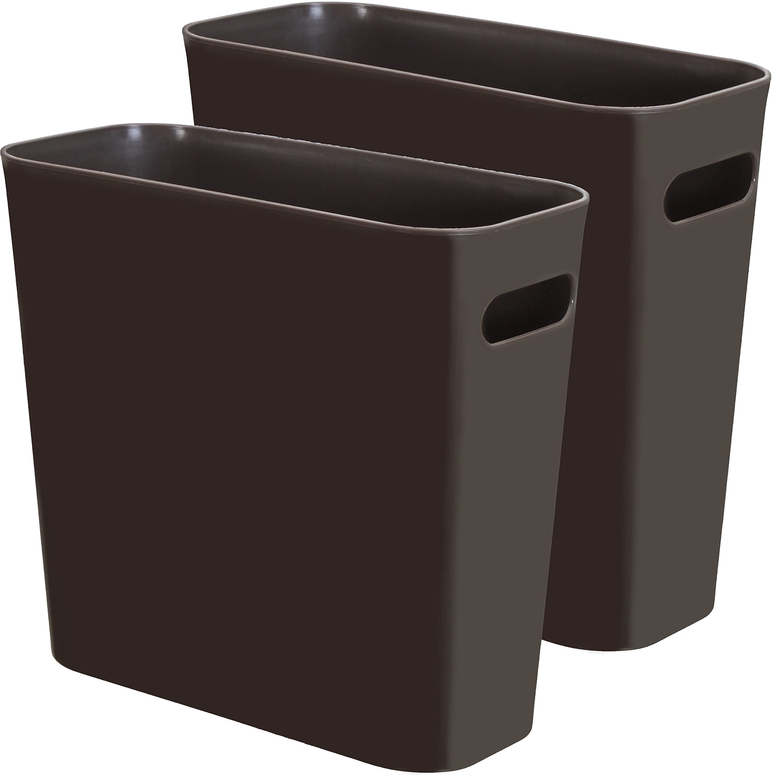 Youngever 1.5 Gallon Slim Plastic Trash Can with Handles - Small Garbage Bin for Home, Office, Kitchen, Bathroom & Living Room - Space Saving Waste Basket (2 Pack, Brown) | Perfect for Small Spaces, Dorm Rooms, Under Desk & Tight Corners