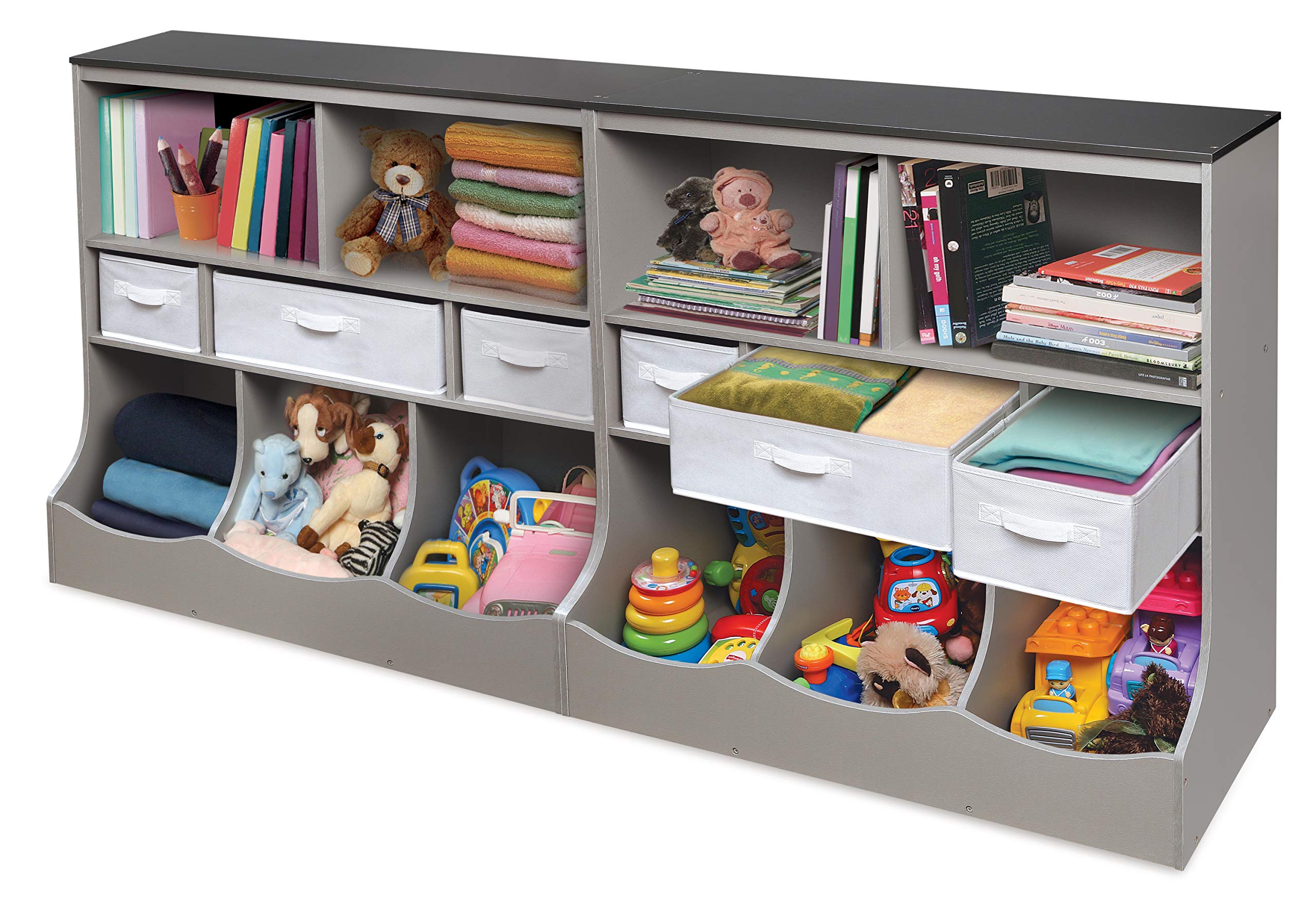 Badger Basket Combo Bin Toy Storage Unit & Book Shelf for Kids with 3 Bins - Woodgrain Gray | Kids Room Organization, Nursery Storage, Playroom Decor