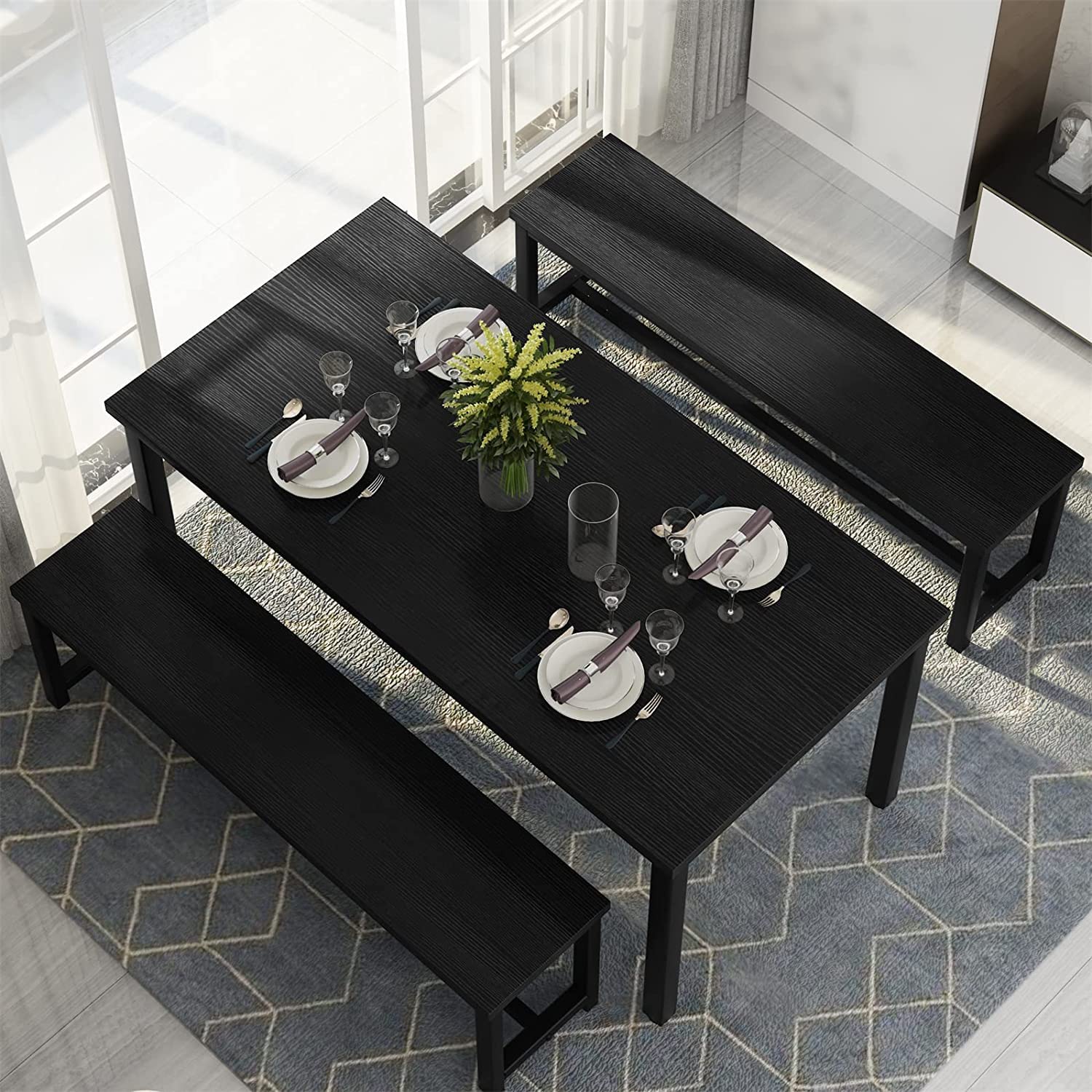 Farmhouse Dining Table Set with 2 Benches - Solid Wood Kitchen Table and Chairs for 4-6 People, Black Breakfast Nook Set for Small Spaces - Perfect for Family Meals, Entertaining Guests & Cozy Dining