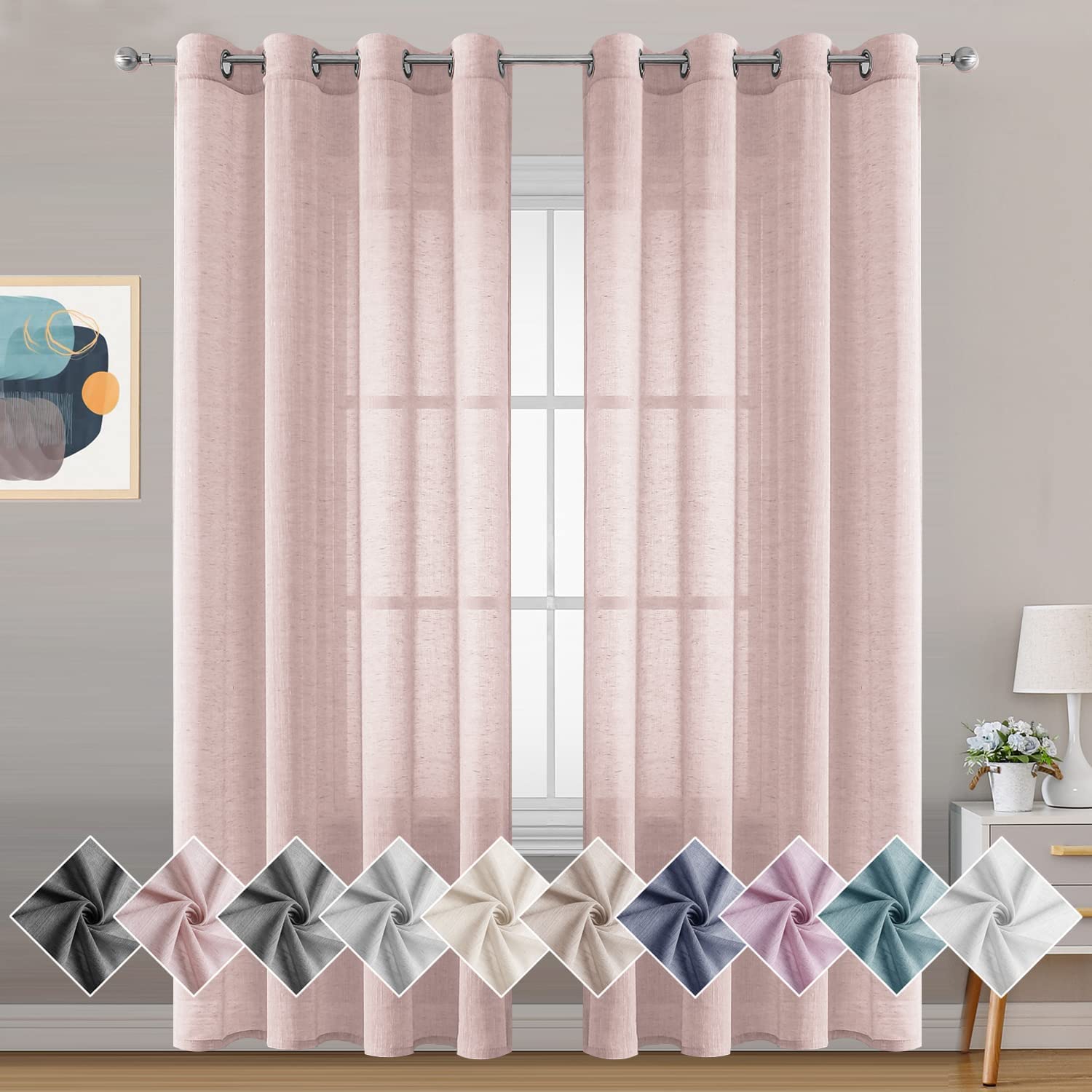 Miss SELETEX Blush Pink Natural Linen Sheer Curtains - Light Filtering Voile Window Panels for Living Room, Bedroom, Nursery & Kitchen (Set of 2, 52