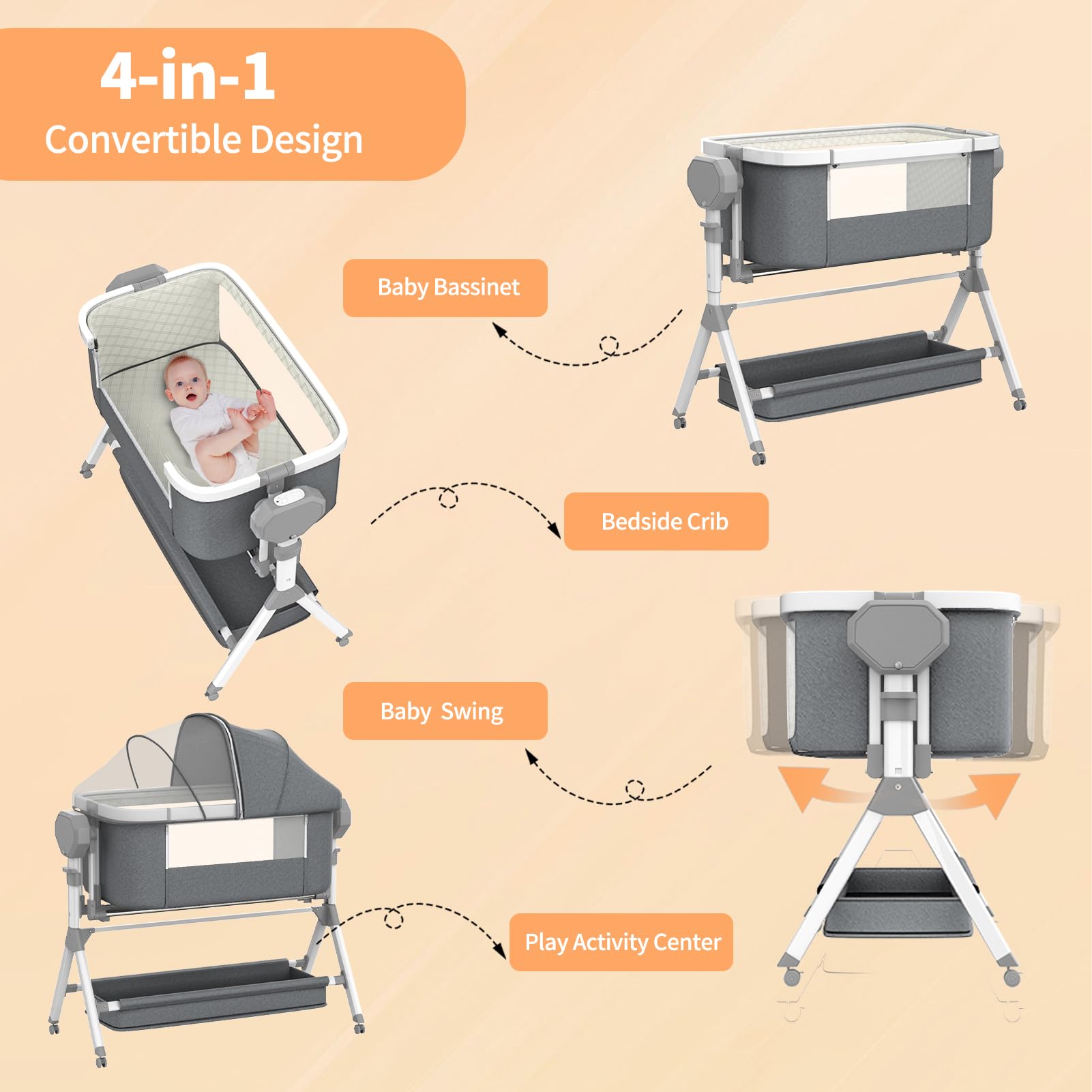 Electric Rocking Bassinet for Baby - 3 Height Adjustable Smart Baby Crib with Remote Control & 5-Speed Swing, Portable Wheels for Nursery & Bedside Use - Perfect for Newborn Sleep & Soothing