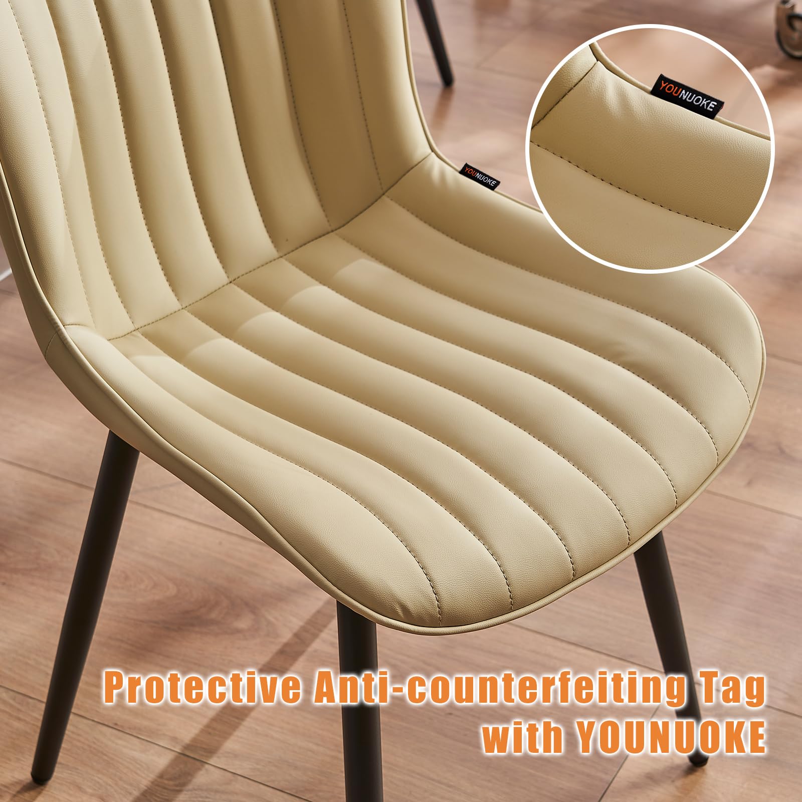YOUNUOKE Beige Dining Chairs Set of 2 - Mid Century Modern Upholstered Kitchen Chairs with Faux Leather & Metal Legs - Armless Side Chairs for Dining Room, Living Room & Kitchen Decor