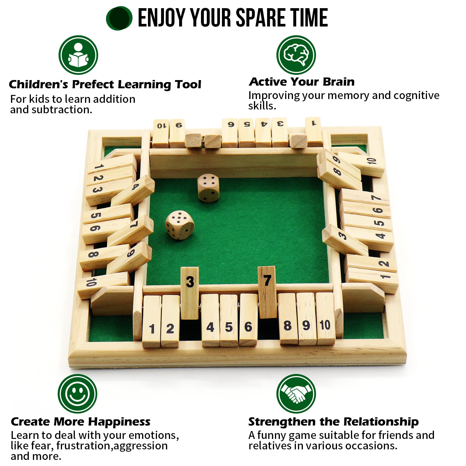 Shut The Box Wooden Board Game with 10 Dice - Classic 4-Sided Family Math Game for 2-4 Players (Kids & Adults) - Perfect for Family Game Nights, Math Learning & Party Entertainment