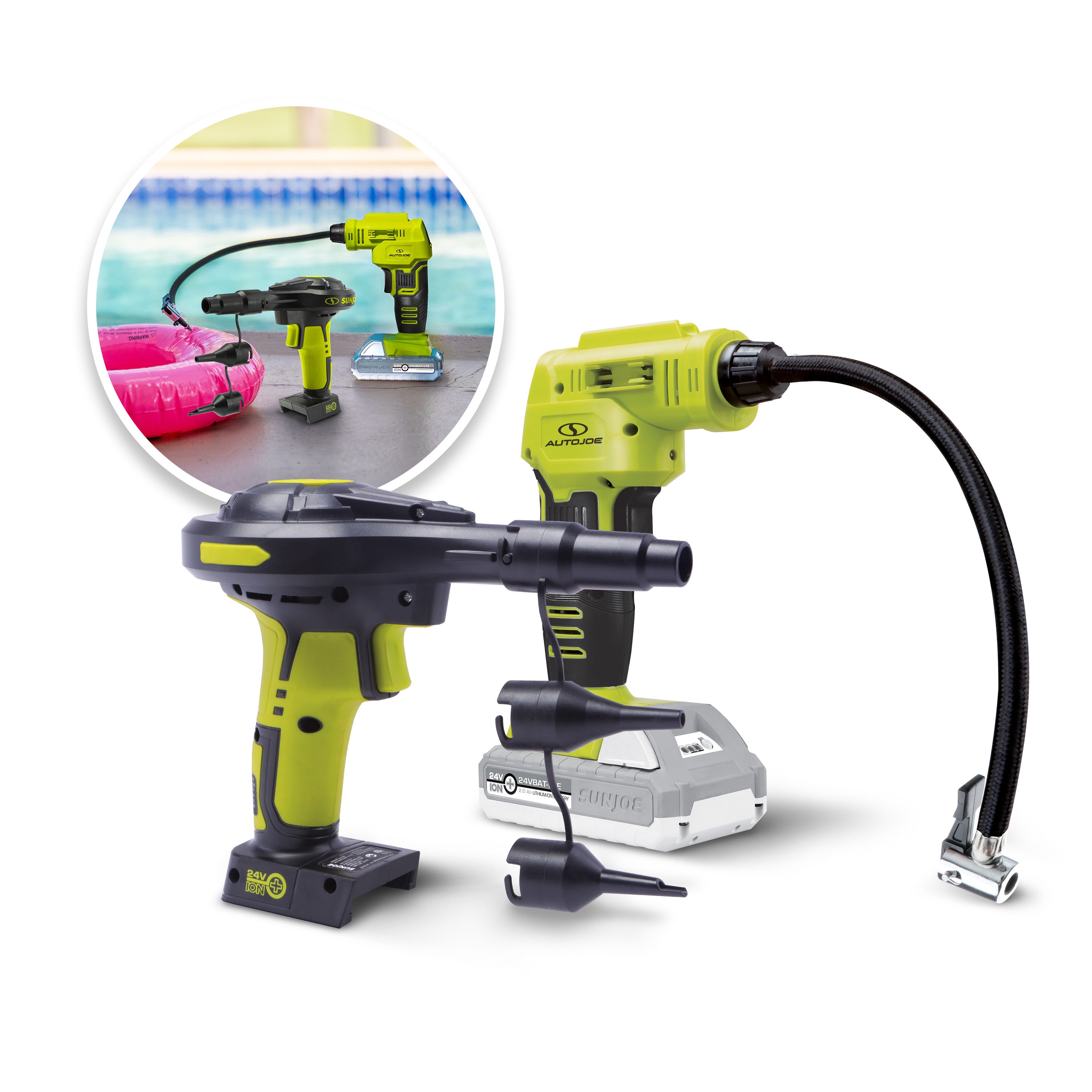 Sun Joe Auto Joe 24V Cordless High Volume Inflator & Portable Air Compressor Kit with 2.0Ah Battery, Charger, Storage Bag & Accessories - Perfect for Inflating Air Mattresses, Pool Floats, Sports Balls, Tires and Outdoor Gear