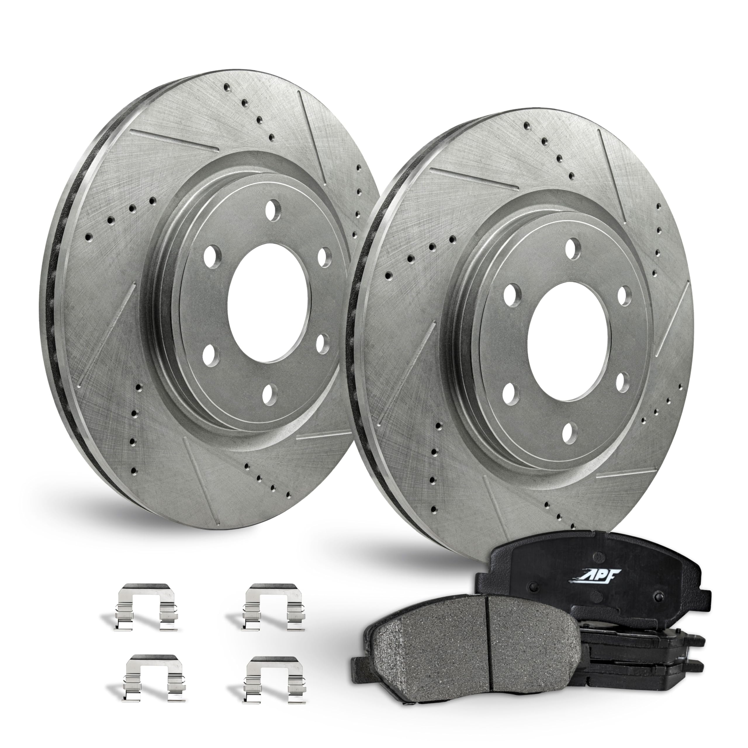 APF Front Brake Kit for GMC Canyon 2009-2012 - Zinc Plated Drilled & Slotted Rotors with Carbon Fiber Brake Pads | 6 Lug | 298mm (11.73