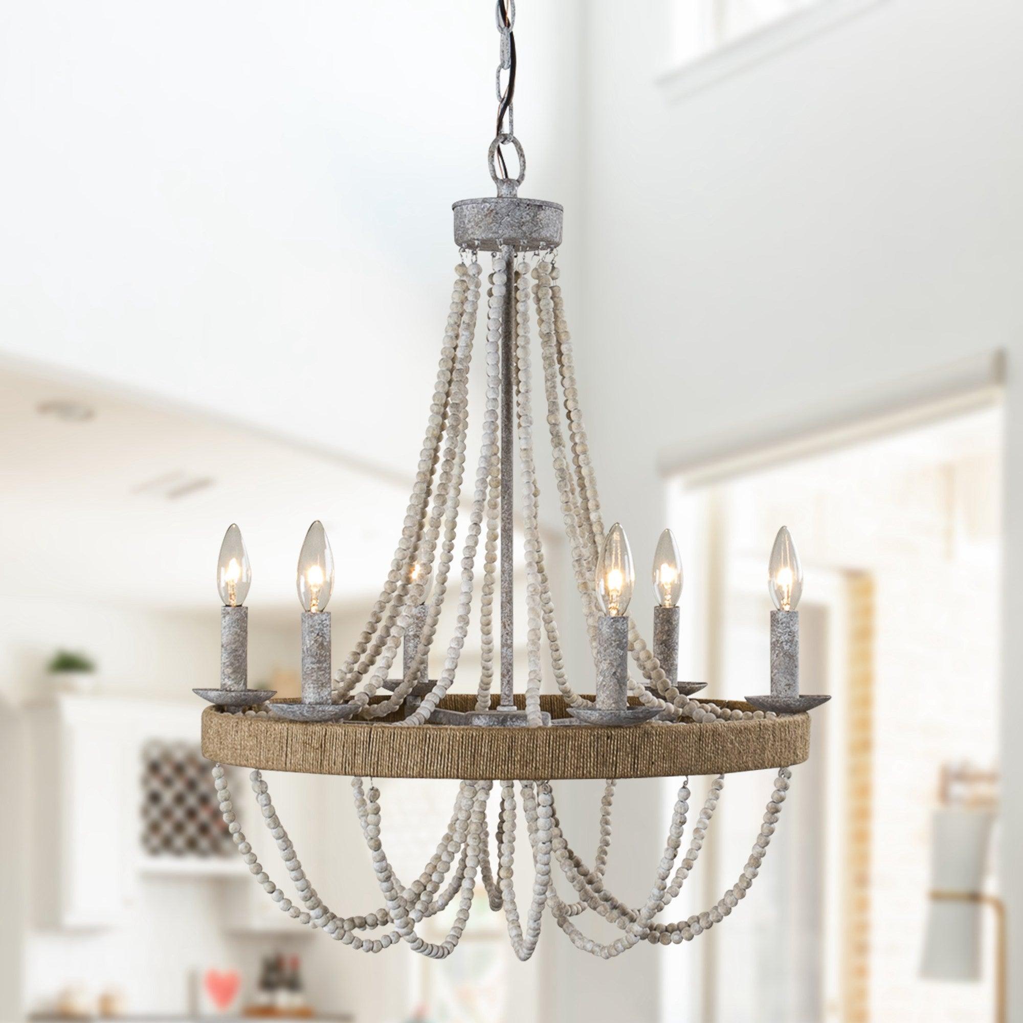 Chokio 6-Light Wood Bead Chandelier - Rustic Farmhouse Ceiling Light Fixture for Dining Room, Bedroom, or Living Room Decor