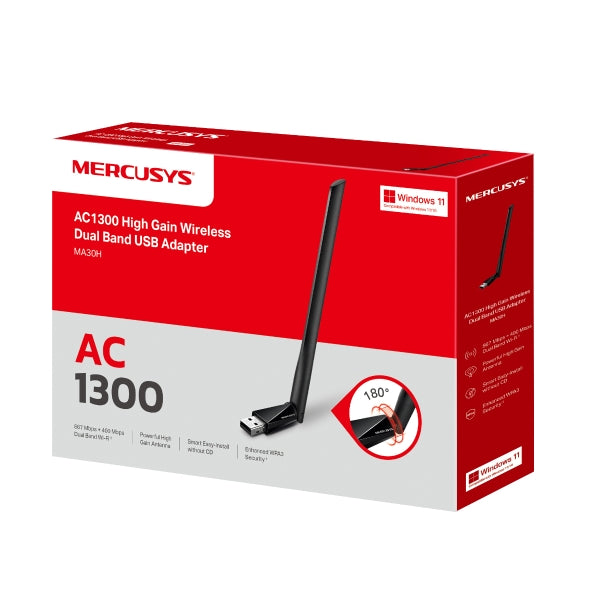 Mercusys MA30H AC1300 High Gain Wireless Dual Band USB Adapter for Laptop & Desktop - Fast WiFi Connection for Gaming, Streaming & Work